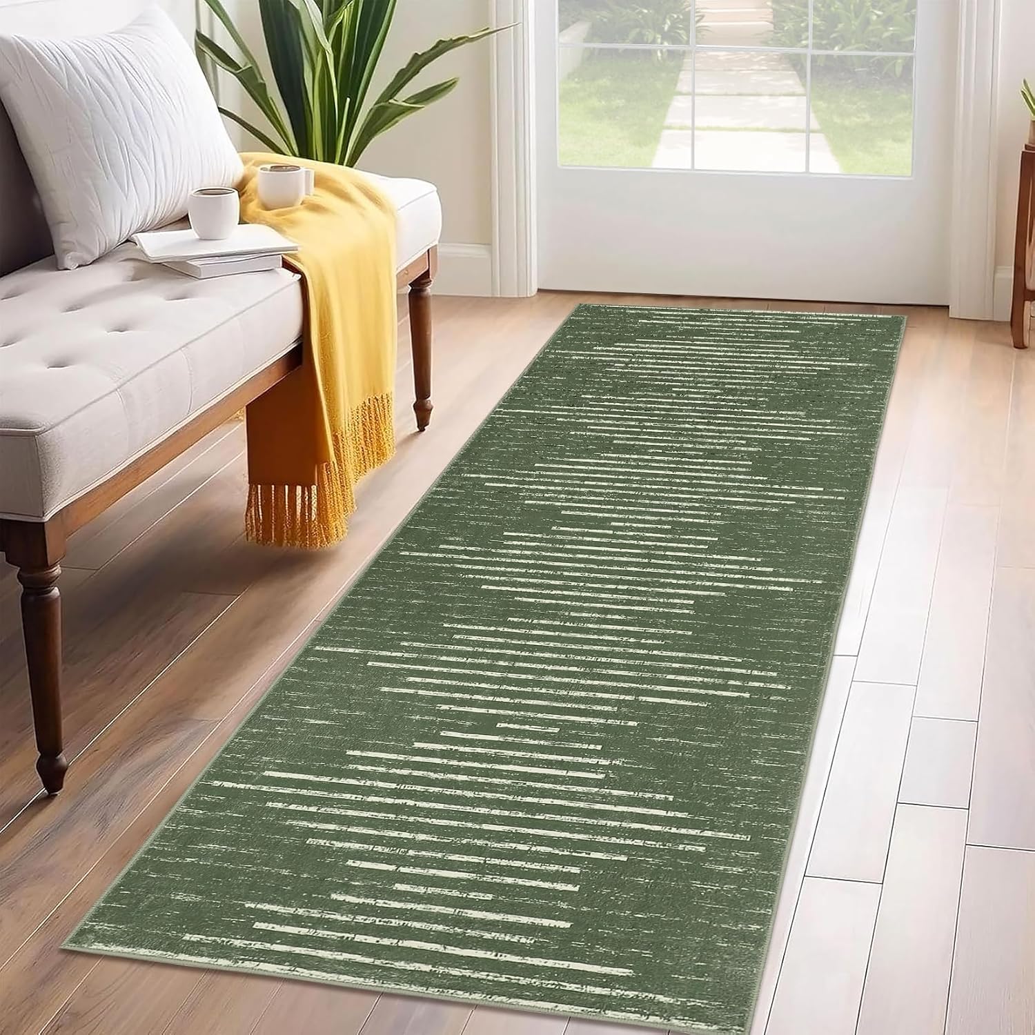GarveeHome 2x6 Striped Runner Rug Non-Slip Hallway Runners, Low Pile Washable Mat for Laundry Room Kitchen Stain-Resistant Entryway Rugs, Green