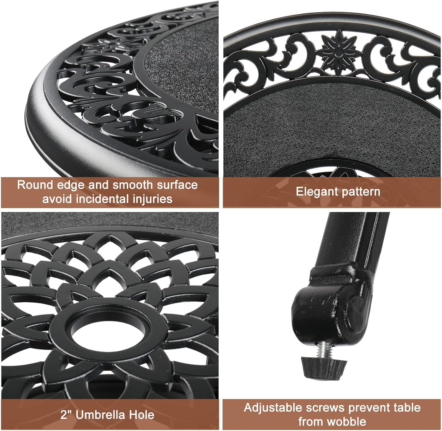 Close-up details of table features including round edge, elegant pattern, umbrella hole, and adjustable screws