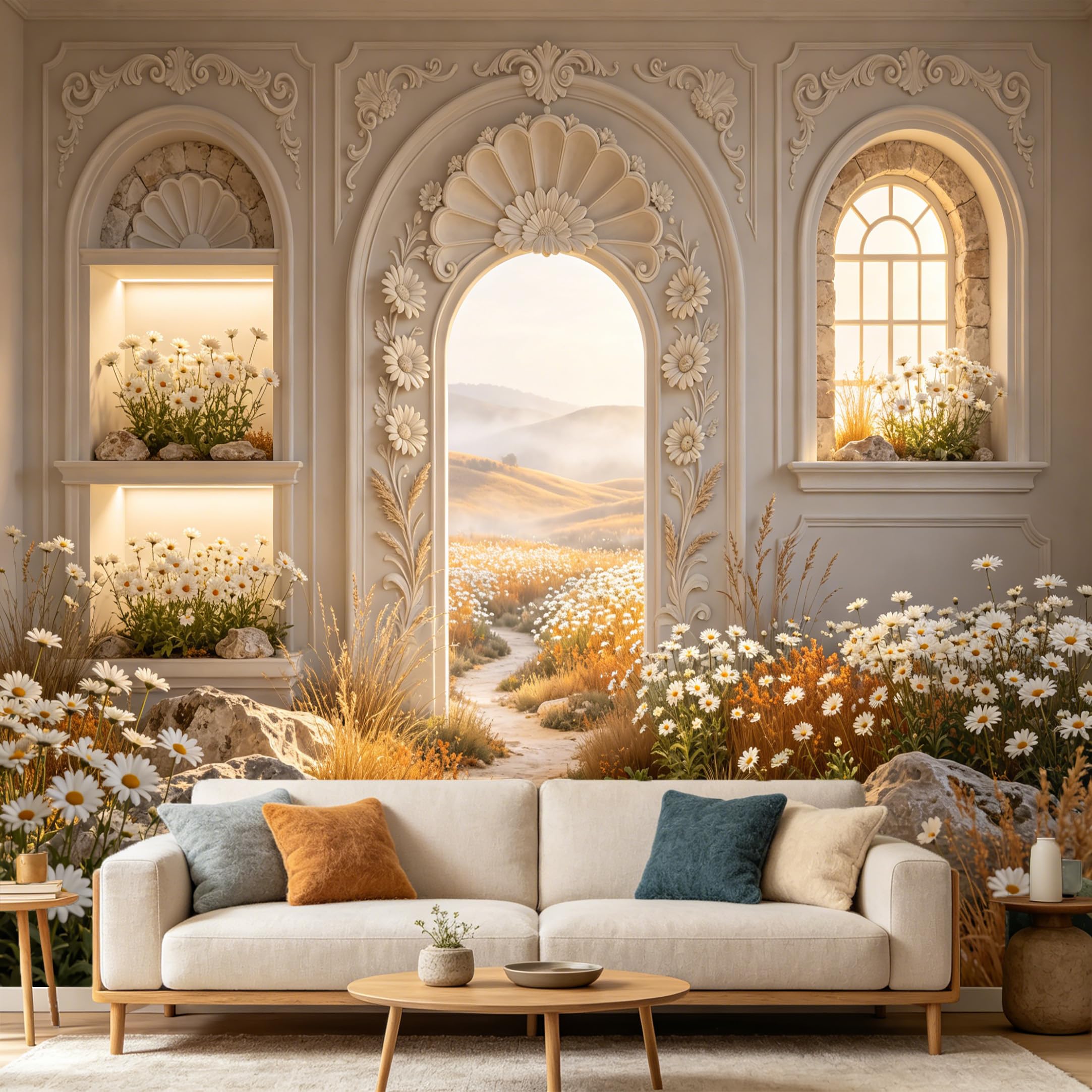 Custom Size Wall Mural， 3D Neoclassical Archway Scenic Meadow， SelfAdhesive Art Prints wall Fabric Removable Large Wallpaper Home Living Room Decor， Daisy Flowers Landscape
