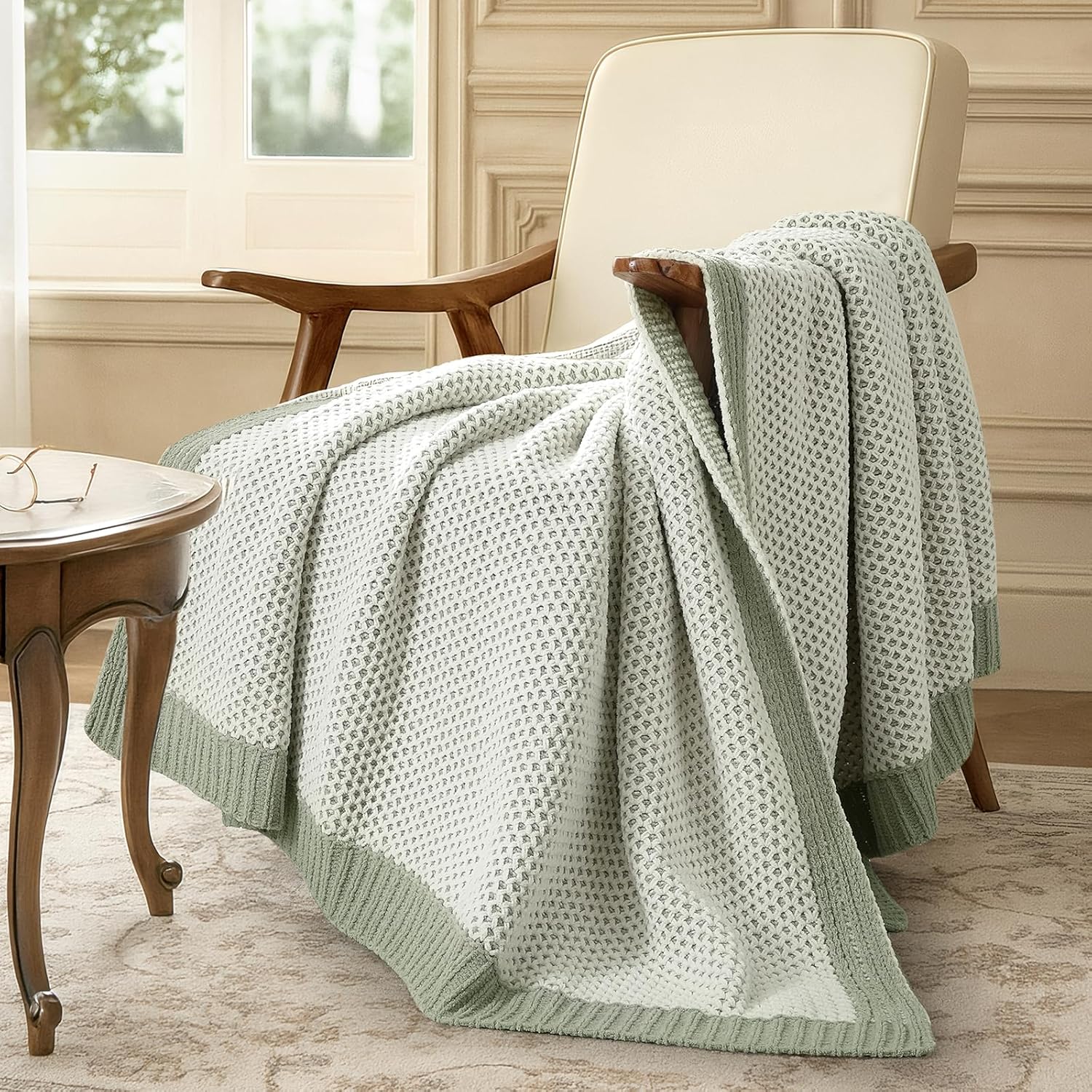 Amélie Home Honeycomb Knit Throw Blanket for Couch, Dual-Sided Soft Chenille Decorative Blankets for Sofa & Chair, 50"x60", Sage Green & White - Image 2