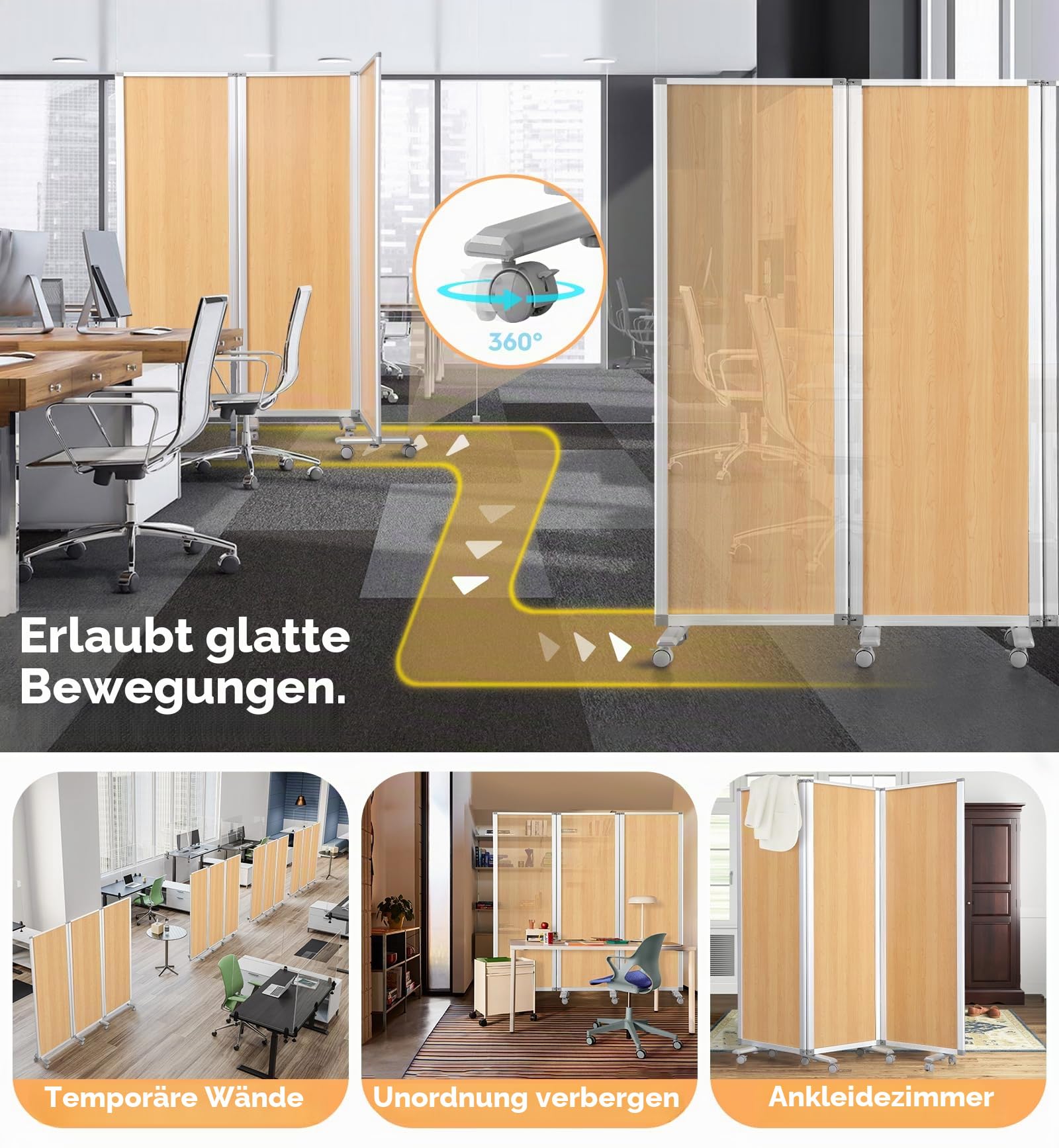 SWANCROWN Mobile Stellwand 180 x 180 cm, Pinnwand mit Rollen | 3-Teilig, Doppelseitig Nutzbar, auf 60 cm Zusammenklappbar, Stabiler Aluminiumrahmen, Präsentationswand Mobil für Büro