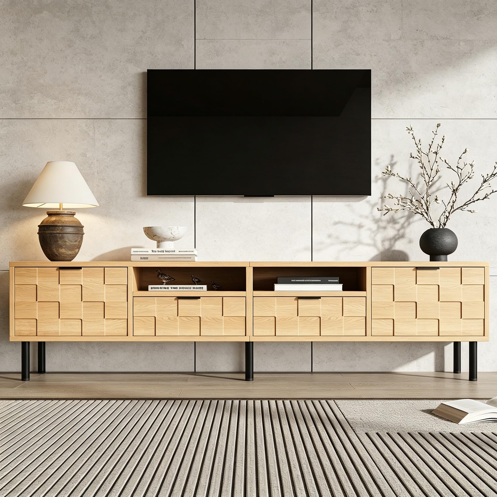 Gecheer TV Lowboard 200x35x44,5cm mit Schubladen Flügeltüren Naturholz