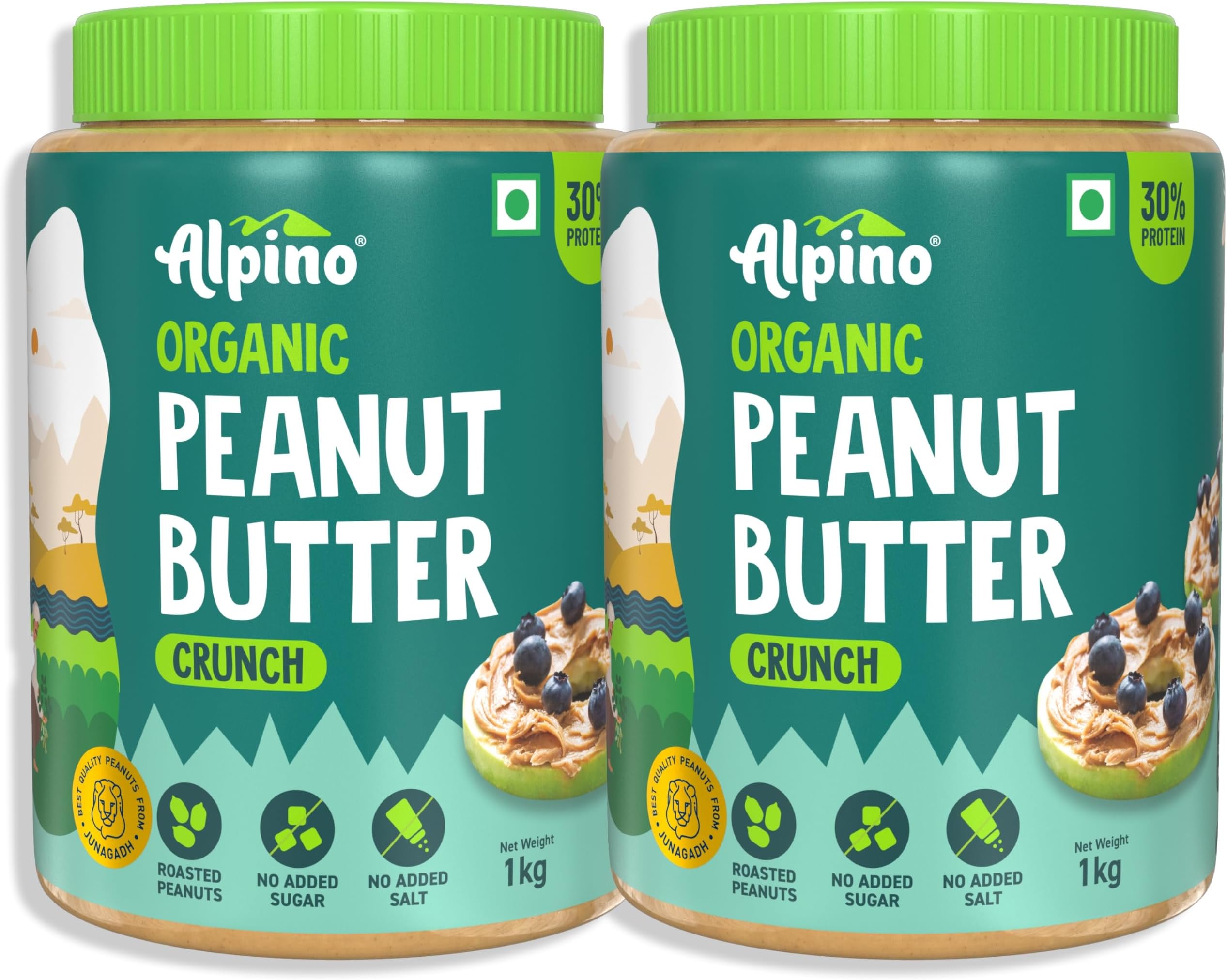 ALPINO Organic Peanut Butter Crunch 2kg (1kg x 2) - 100% Roasted Organic Peanuts, 30g Protein, No Added Sugar/Salt, Plant-Based - Featured on Shark Tank India.
