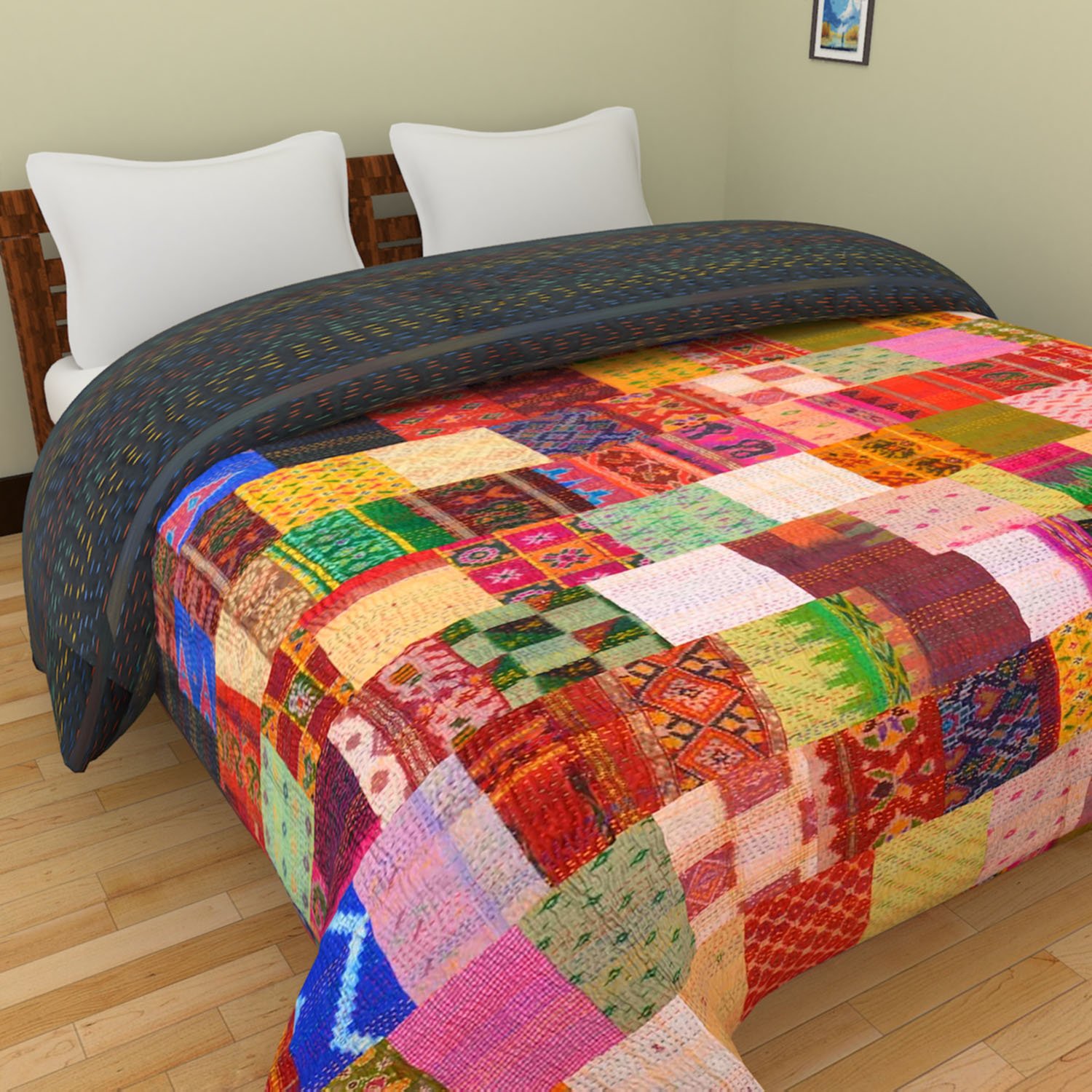 Chic & Comfort My Home MY Life…. Aditi Impex Handicrafts Asorted Silk Kantha Patchwork Double BedCover/Quilt (220 cm x 270 cm) Multi Color-picture-39