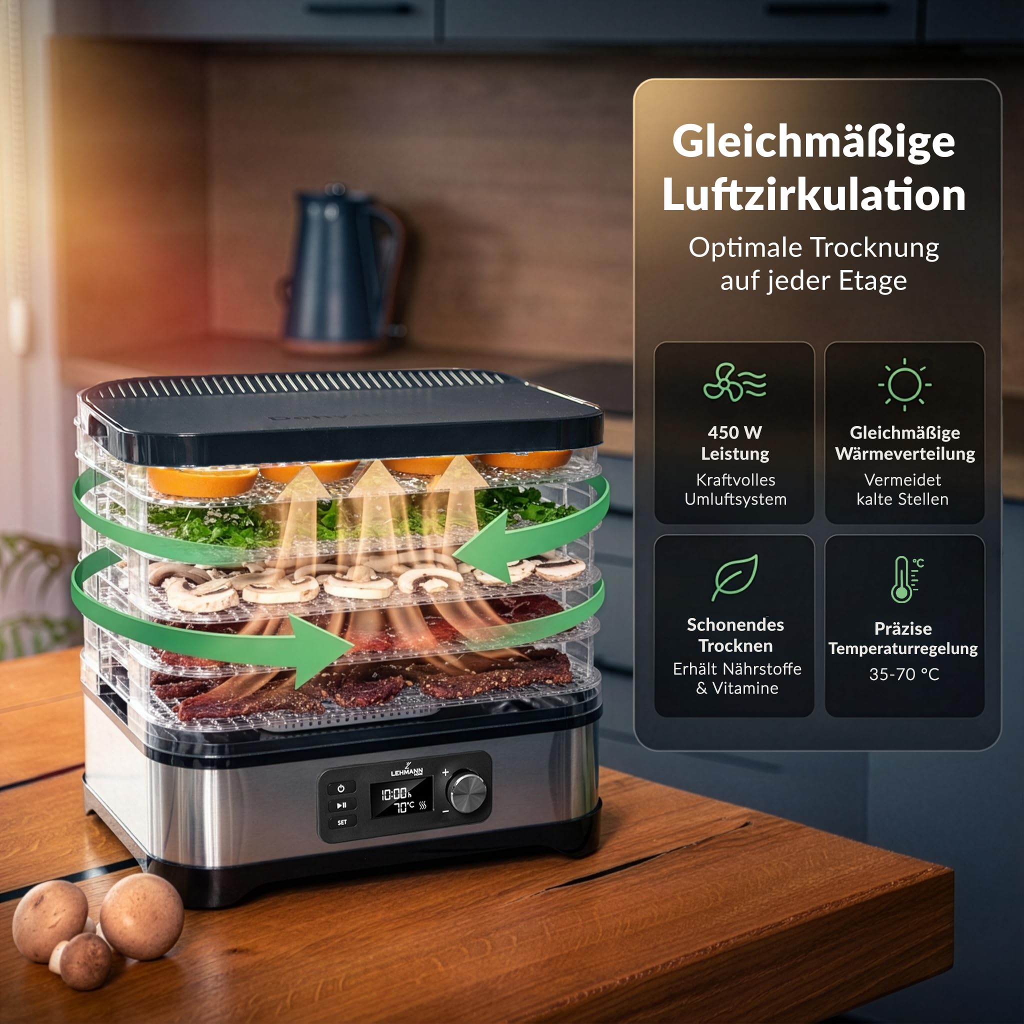 LEHMANN Dörrautomat Edelstahl, Dörrgerät mit 5 höhenverstellbaren Dörrtabletts, Temperaturregelung 35-70°C, BPA-frei, 24h-Timer, Obsttrockner für Pilze, Früchte, Fleisch, Gemüse
