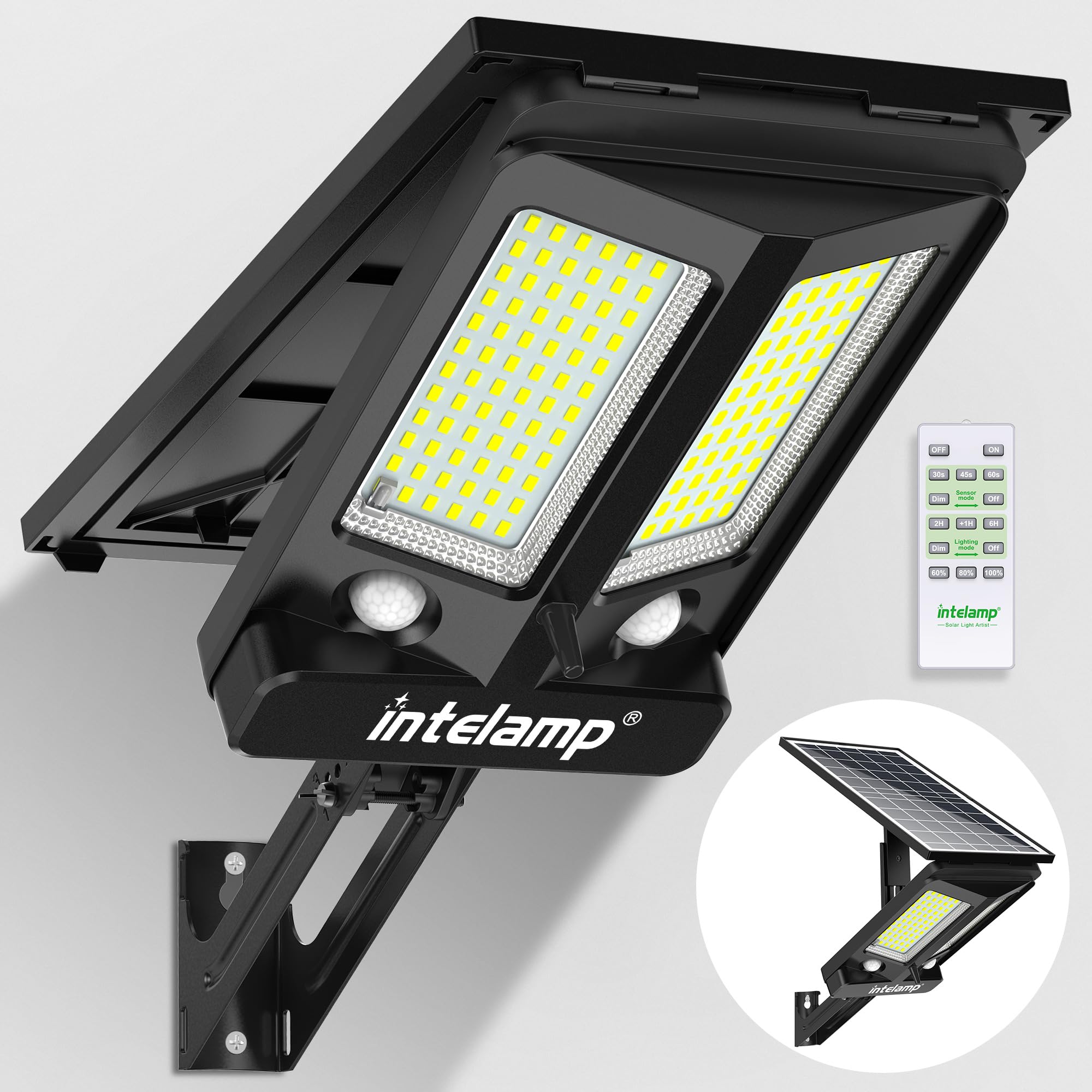 intelamp Solar Street Lights Outdoor Waterproof 3000LM 12500mAh Dual Motion Sensor Dusk to Dawn Security Floodlight Lamp Outside, LED Flood Lighting Exterior with Remote for Parking Lots Patio Yard