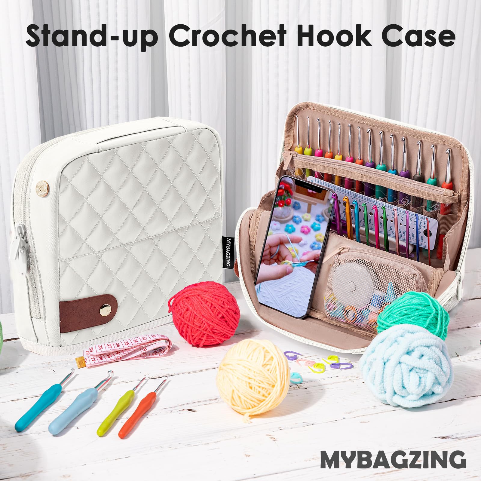 MYBAGZING Leere Häkelnadeltasche – Stand-up-Organizer mit 30 Steckplätzen für Haken und Nadeln, Häkelzubehör-Set für Liebhaber und Anfänger