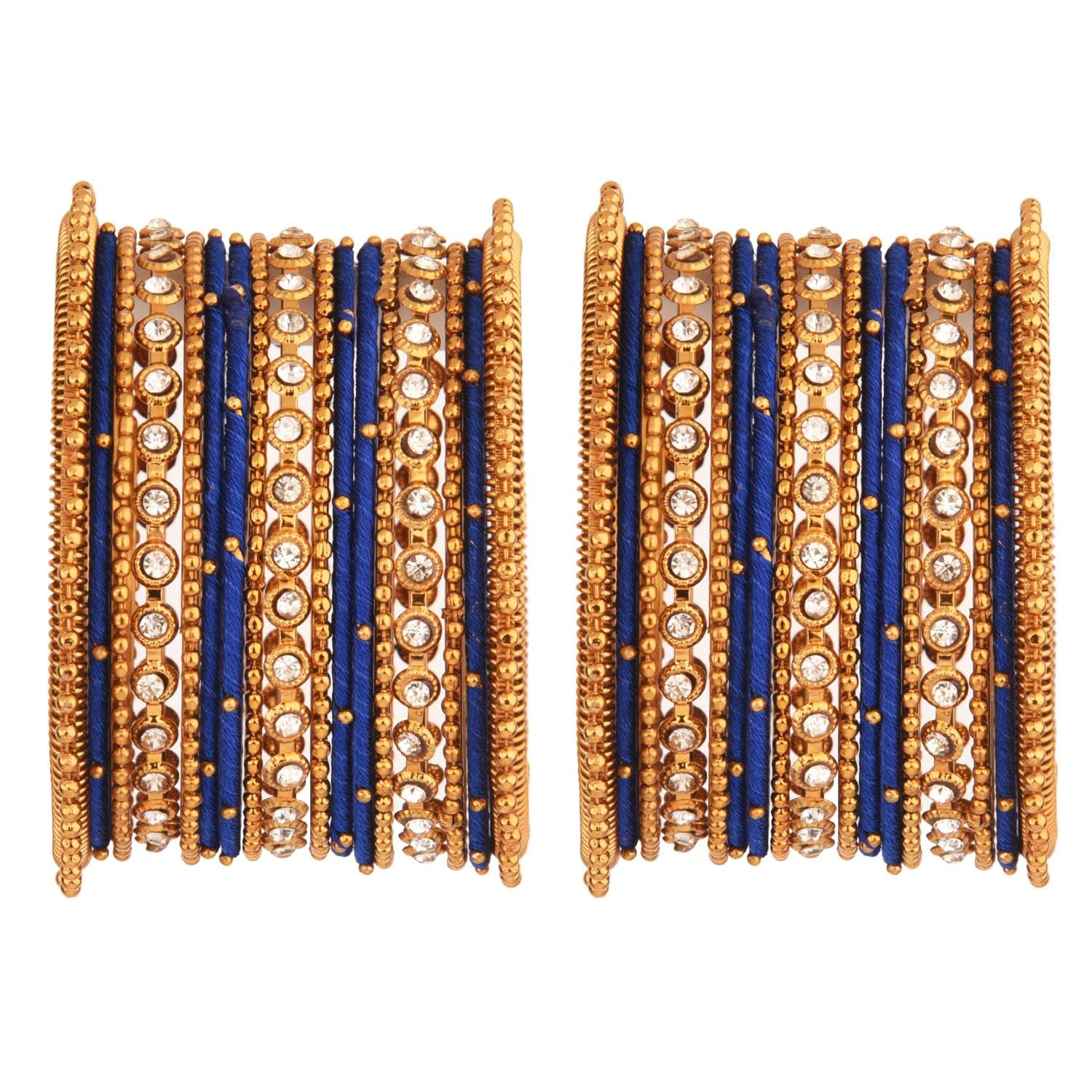 Efulgenz Bridal Bangle Set Silk Thread Bangles for Women Indian Jewelry With Blue Bangles Crystal Metal Blue Bangles Beaded Boho Bracelet Indian Oxidized Bangle Bracelet Set for Women Fashion Statement Jewelry