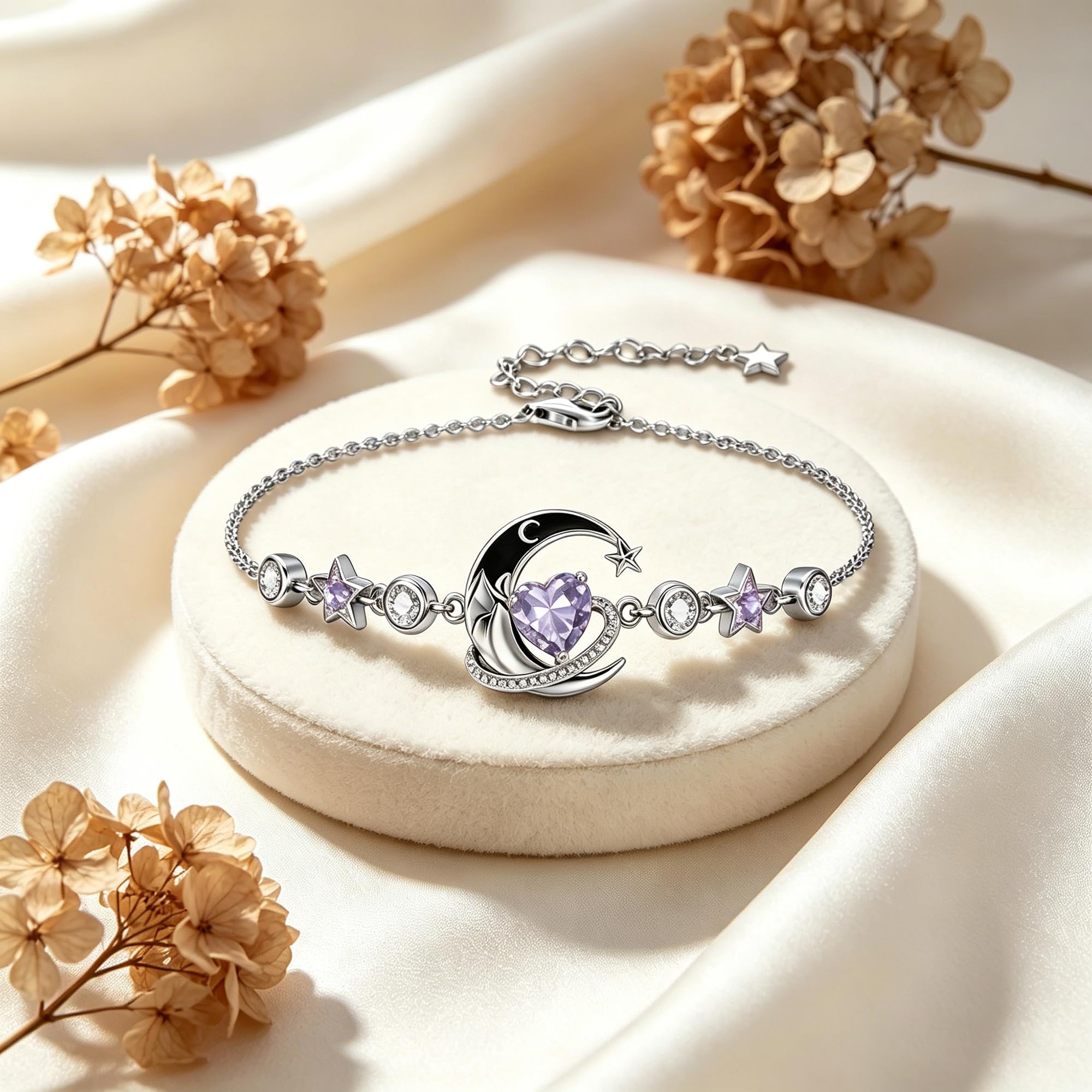 Pulsera de luna y estrella de plata de ley 925 con piedra natal con 12 polillas, regalo de cumpleaños para mujer