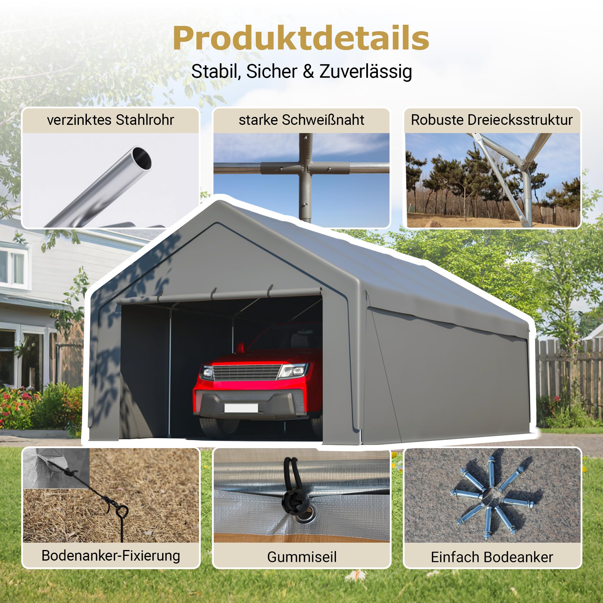 Carport pour charges lourdes, imperméable, galvanisé, 396 x 762 cm, 8 pieds
