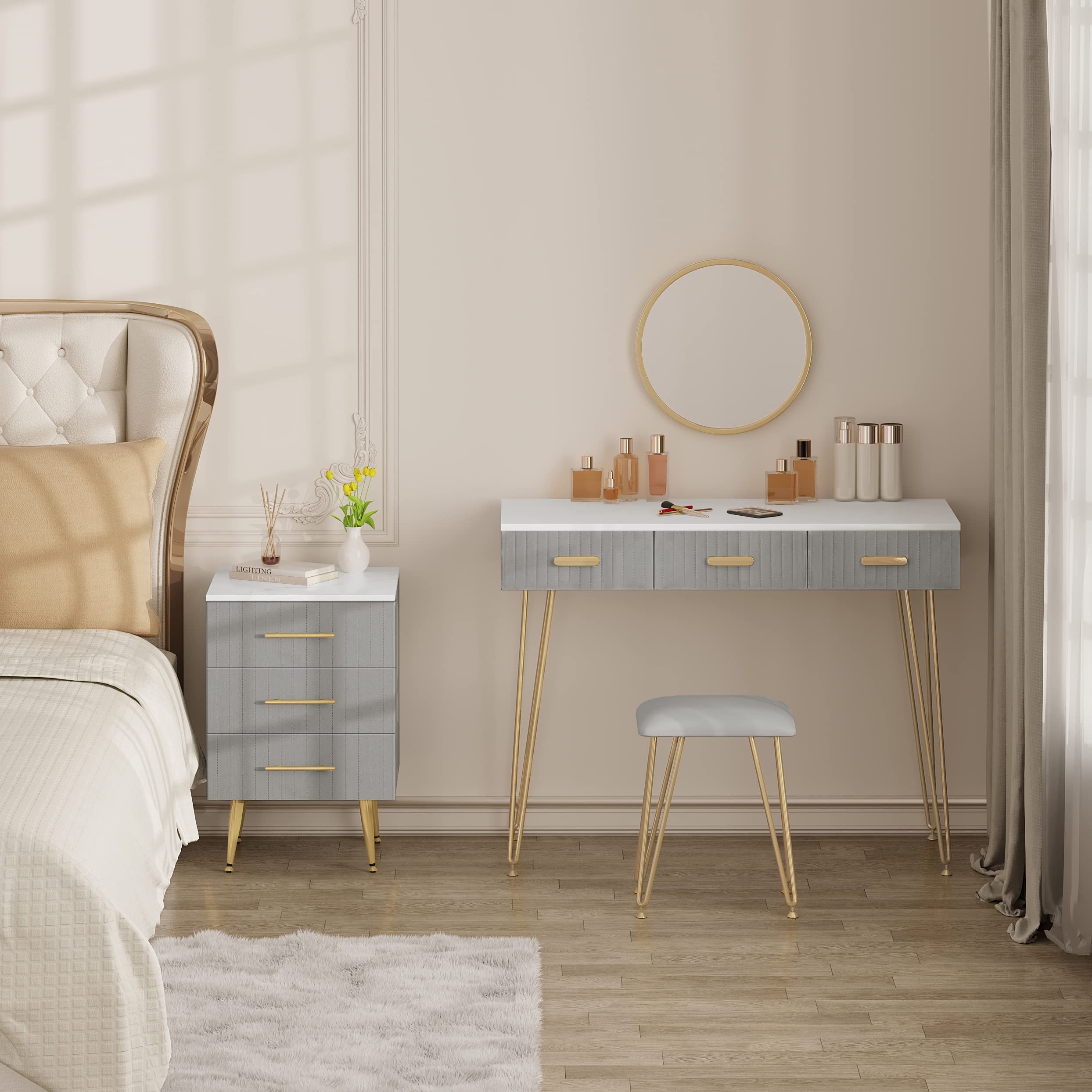 WOLTU Nachttisch Nachtschrank für Boxspringbett, 3 Schubladen aus Massivholz, Kommode mit Schubladen Sideboard, einfache Montage, Höhe Tragfähigkeit, 40,5x41x60cm, Grau TS135gr