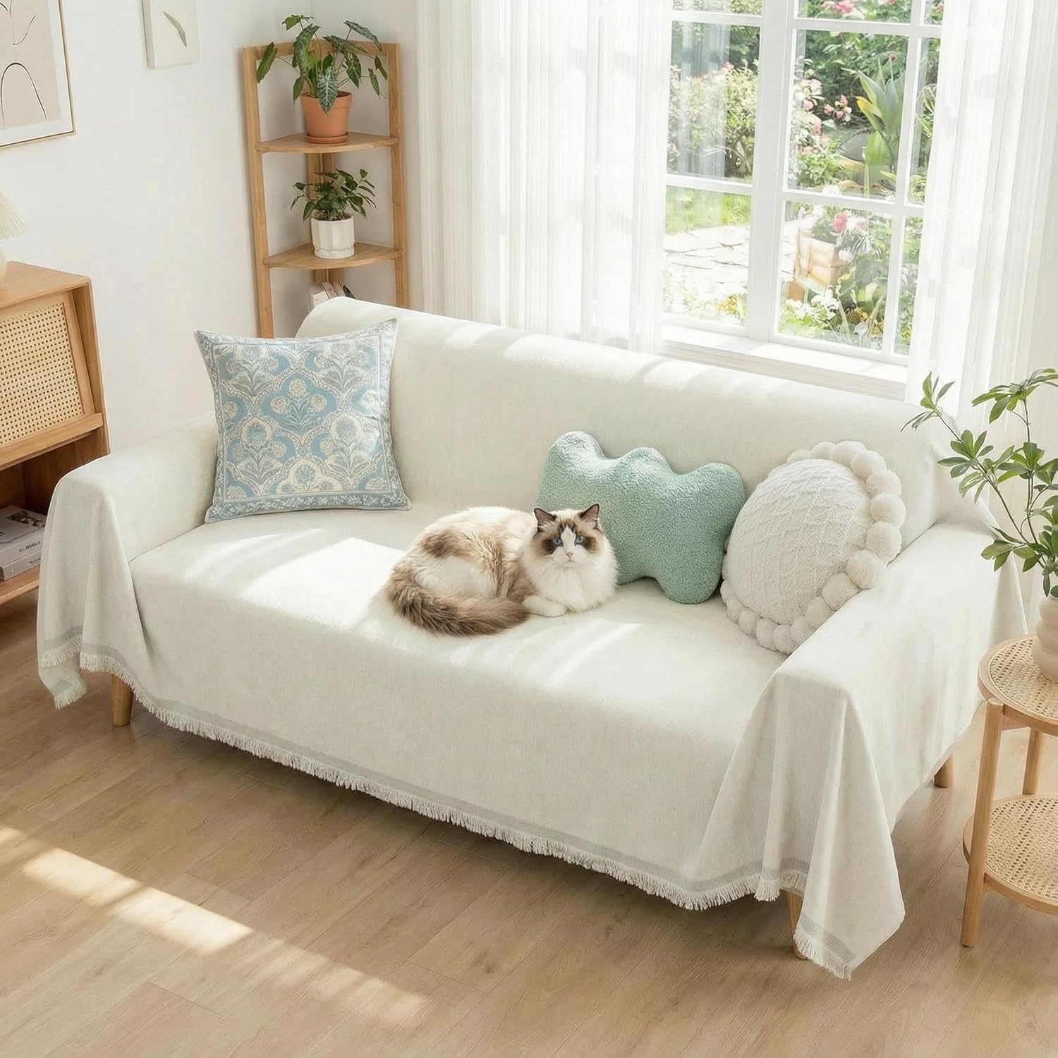 Pet Couch Cover for Dogs Sectional Sofa Covers Washable for 3 Cushion Couches, Chenille Beige Couch Cover Blanket Non Slip Pet Sofa Covers Protector for Dog Cats (71" x 134", Beige)