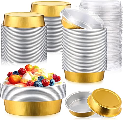 Yinder 120 moldes desechables de 8 onzas con tapas, mini latas de papel de aluminio para tartas de papel de aluminio, recipientes redondos