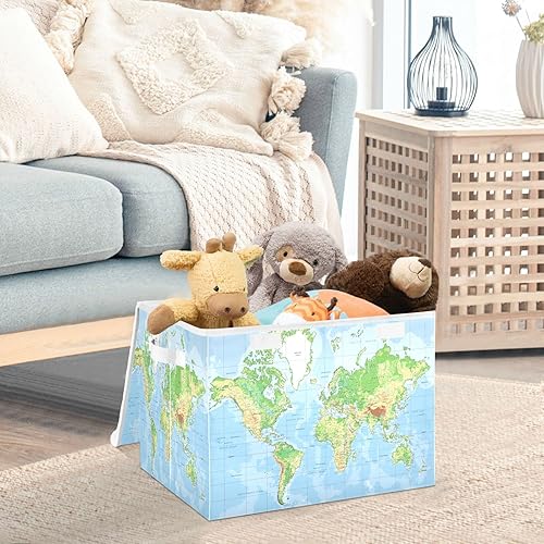 Miniatura 5 de Cesta de almacenamiento de mapa mundial de 165 x 126 x 118 pulgadas organizador de cubos plegables de tela con tapas y asas para estantes dormitorio