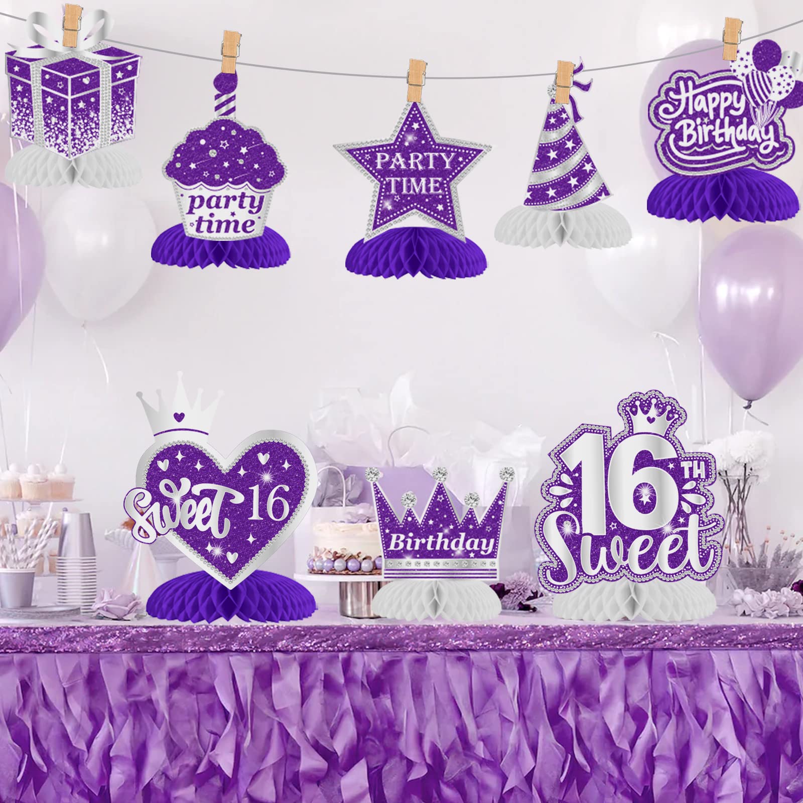 Sweet 16 Decorations 16th Birthday Decorations - 8 PCS Purple Silver