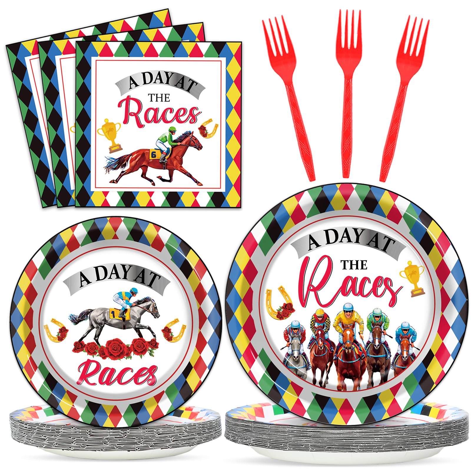 OBUSATT 100Pcs Derby Day Plates and Napkins Party Supplies Horse Racing Derby Party Tableware Set Kentucky Derby Party Decors Favors for The Roses Derby Party Decorations Serves 25 Guests