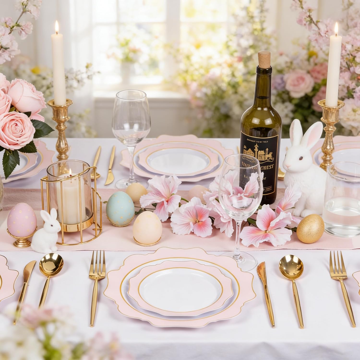 WDF 100PCS Pink Plastic Plates - Heavy Duty Pink and Gold Disposable Plates - Include 50 Dinner Plate and 50 Cake Plastic Plate for Baby Shower/Wedding/Spring/Bridal Shower/Tea Party/Easter
