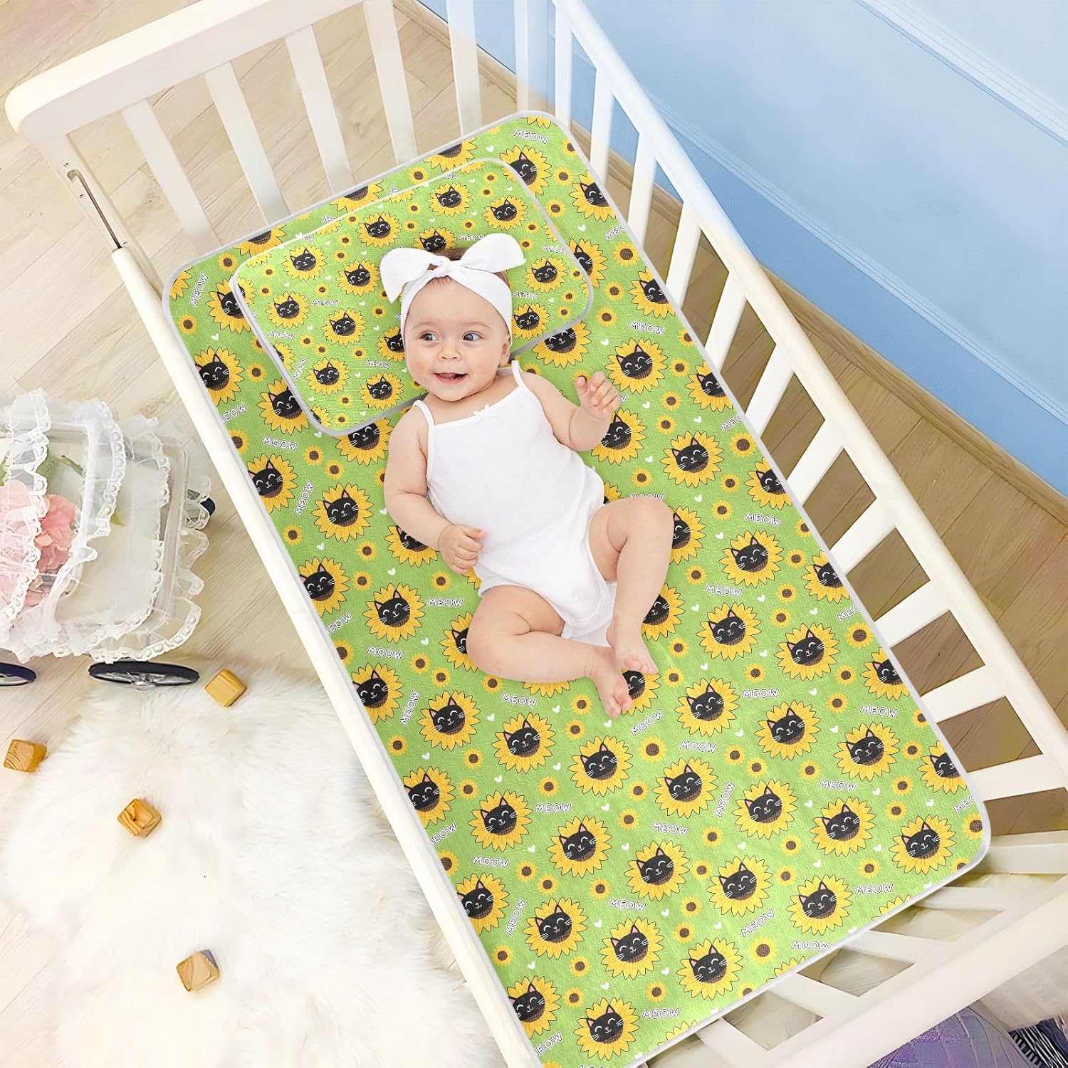 Baby Cooling Mat Cat Sunflower Ice Silk Breathable Mesh Summer Crib Mattress Pad with Pillowcase, Soft Cooling Sleeping Surface for Infant & Toddler, 52"x28"