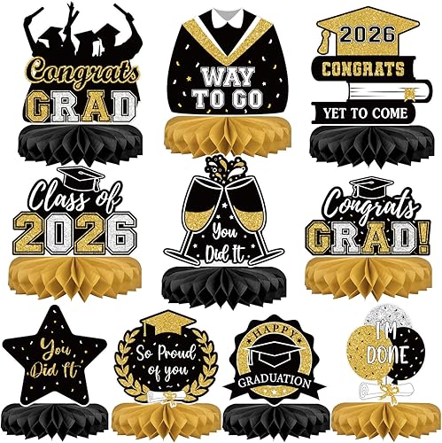 10Pcs Graduation Decorations 2026 Class of 2026 Congrats Grad Table Centerpieces Congratulate Graduation Honeycomb Table Toppers for Graduation Party Supplies 2026 Graduation Party Decorations Black