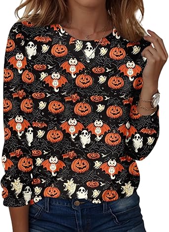 Halloween Shirts for Women Long Sleeve Plus Size Fashion Crewneck Comfortable Tshirts Halloween Costumes for Women