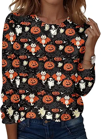 Halloween Shirts for Women Long Sleeve Plus Size Fashion Crewneck Comfortable Tshirts Halloween Costumes for Women