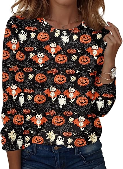 Halloween Shirts for Women Long Sleeve Plus Size Fashion Crewneck Comfortable Tshirts Halloween Costumes for Women