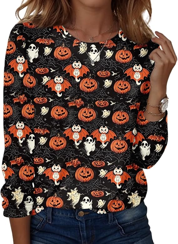 Halloween Shirts for Women Long Sleeve Plus Size Fashion Crewneck Comfortable Tshirts Halloween Costumes for Women