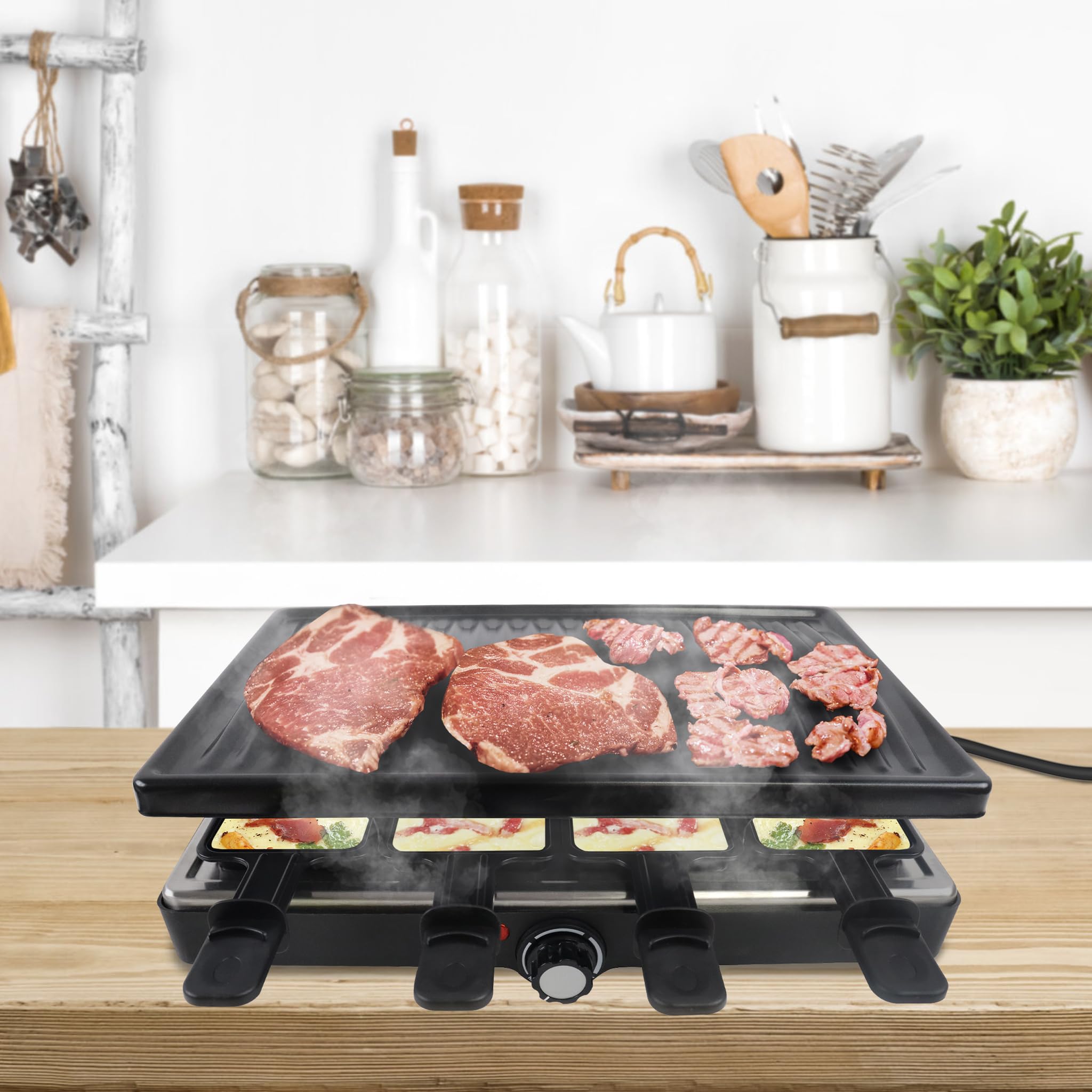 1400W Grill per Raclette per 8 Persone, Doppio Piano da Tavolo Antiaderente, con Piastra in Pietra, Piccole Tazze, Spatola in Legno e Cavo in Acciaio Inox, Elettrico per Feste e Campeggio
