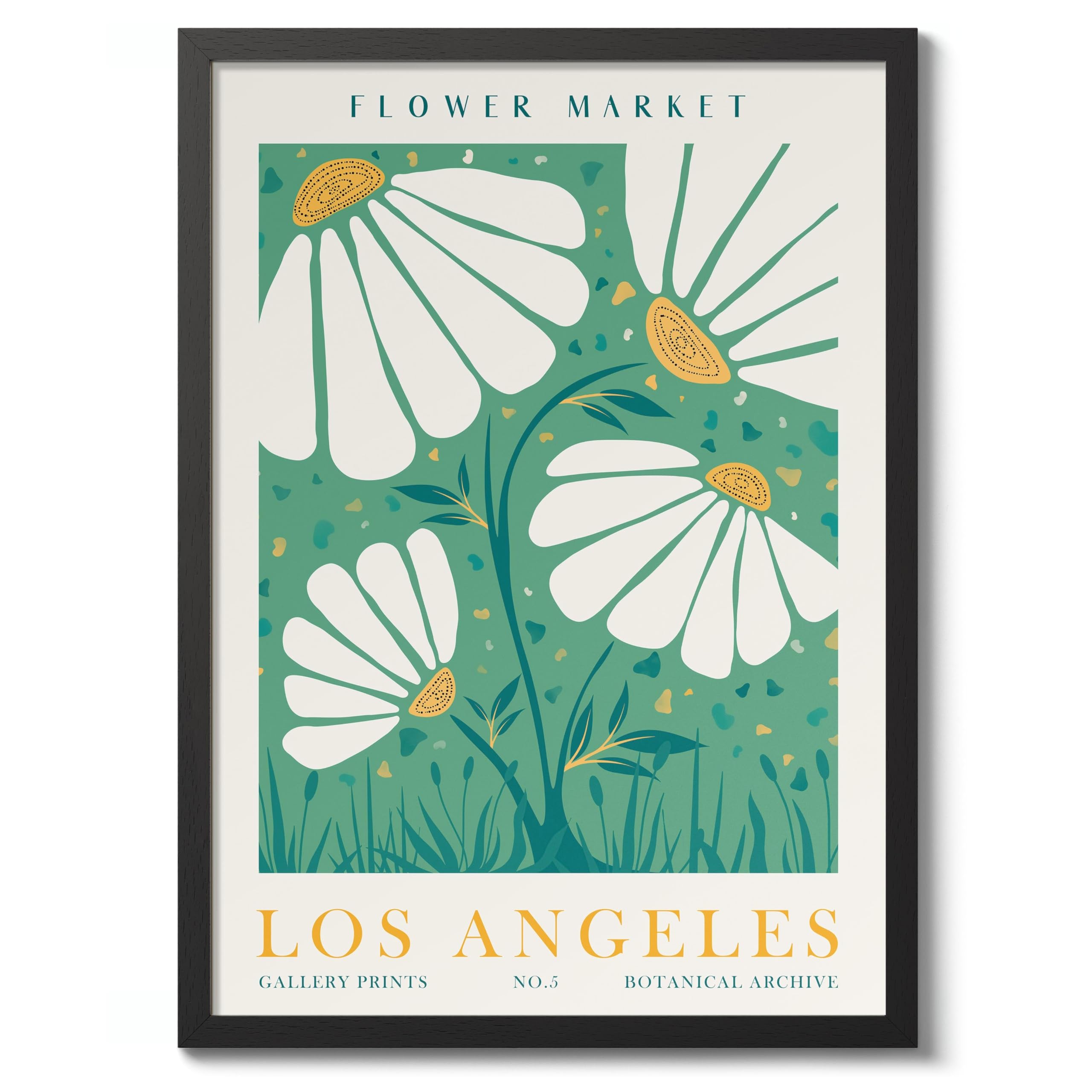 Los Angeles Flower Market Flower Market Poster Floral Wall Decor Print Abstract Colourful Minimalist Travel Bedroom Art, Archival Matte, A5 (Black Frame) - 21x14.8cm