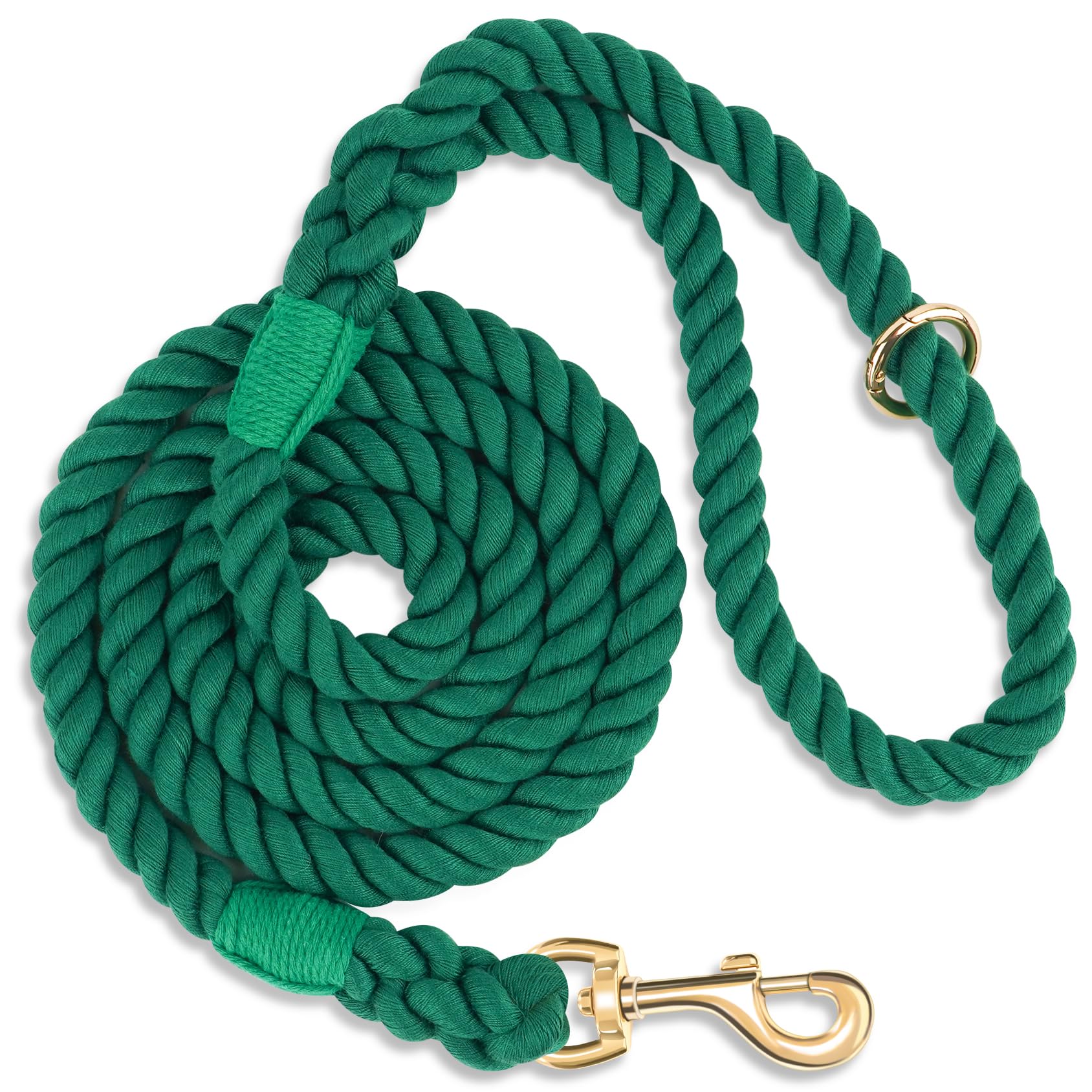 NUGUTIC 5 FT Dog Leash Handmade Braided Cotton Rope Dog Leash with Leather Handle for Small Medium and Large Dogs, Dark Green — image 1