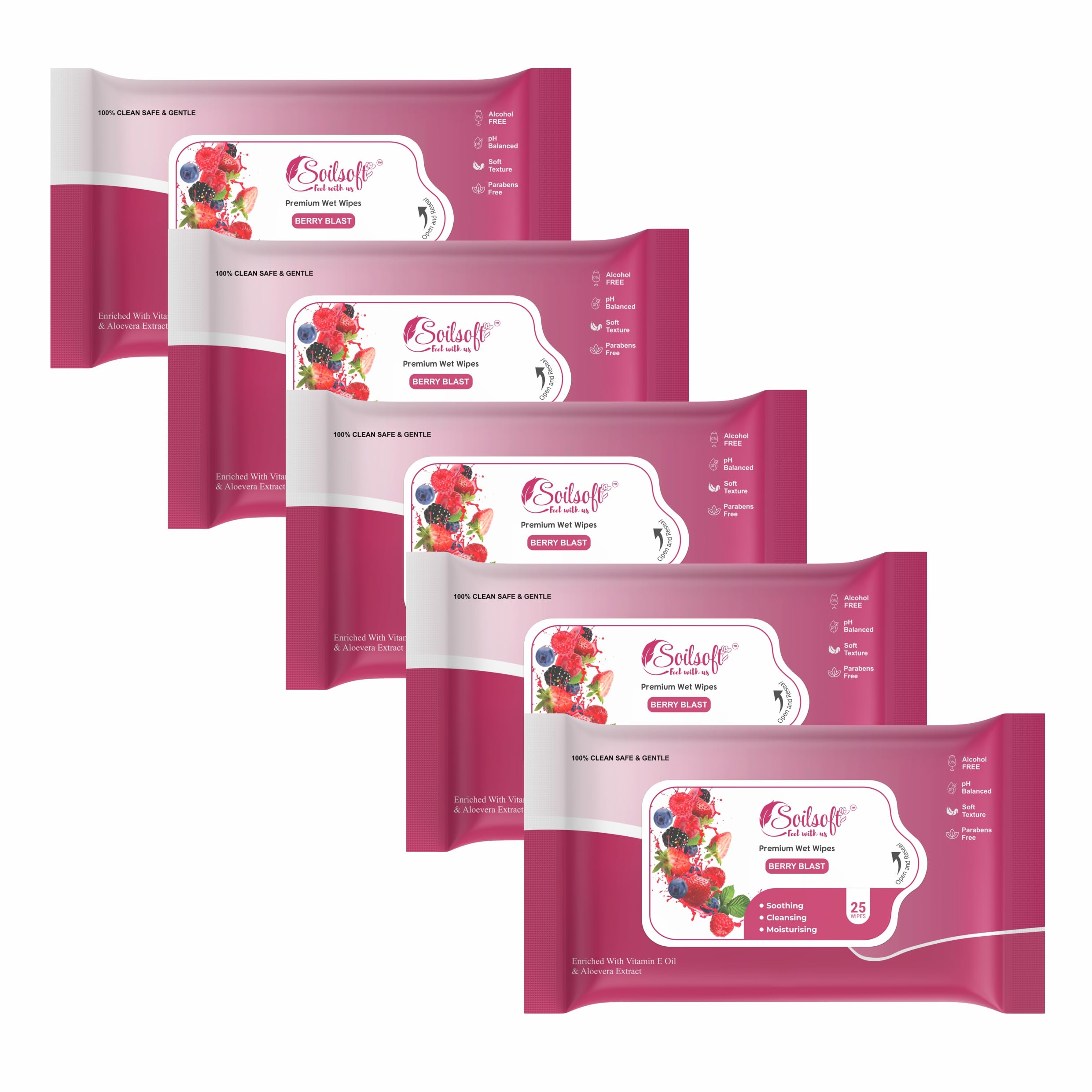 Soilsoft Berry Blast Wet Wipes 25 Pulls Red Pink Pack Fruity Print Design Alcohol Free pH Balanced Soft Texture Paraben Free Aloe Vera Extract Vitamin E Oil Cleansing Moisturising Travel Wipes (PACK OF 5)-image-32