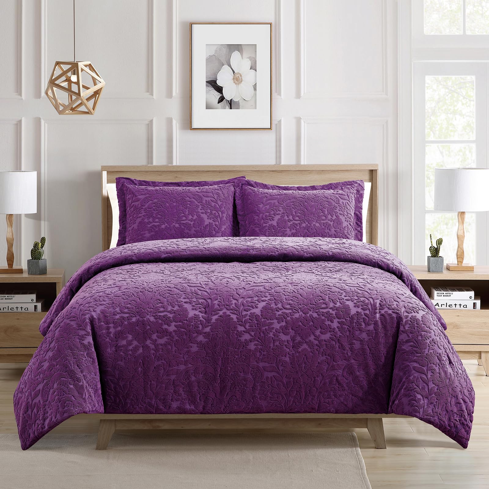Sunshine Nicole Velvet Jacquard Comforter Set, Velvet Jacquard Face and Brushed Solid Microfiber Reverse, with Light Weight Soft Poly Fill, 3 Pieces Purple, Queen