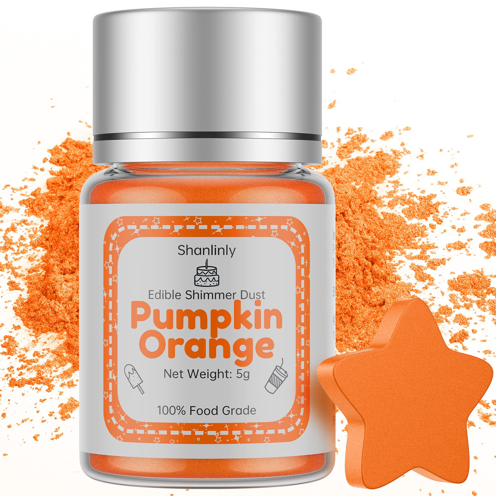 Shanlinly Orange Luster Dust Edible - 5g Food Grade Edible Orange Shimmer Dust for Drinks, Edible Glitter Dust Food Coloring Powder for Cake Decorating & Paints, Desserts, Chocolates, Kosher Vegan