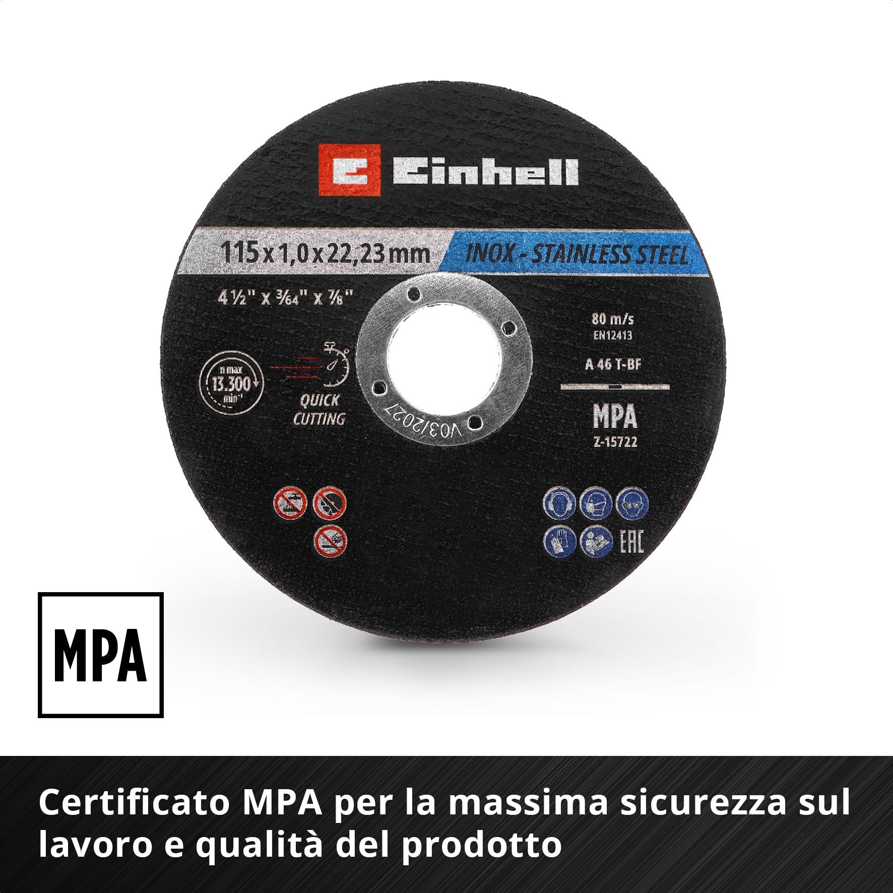 Einhell 100 pezzi set di dischi da taglio per metallo, Inox, Ø 115 x 1 mm | Taglio di precisione | lavorazione del metallo | foro da 22,23 mm | certificato MPA | versione piana | confezione inclusa