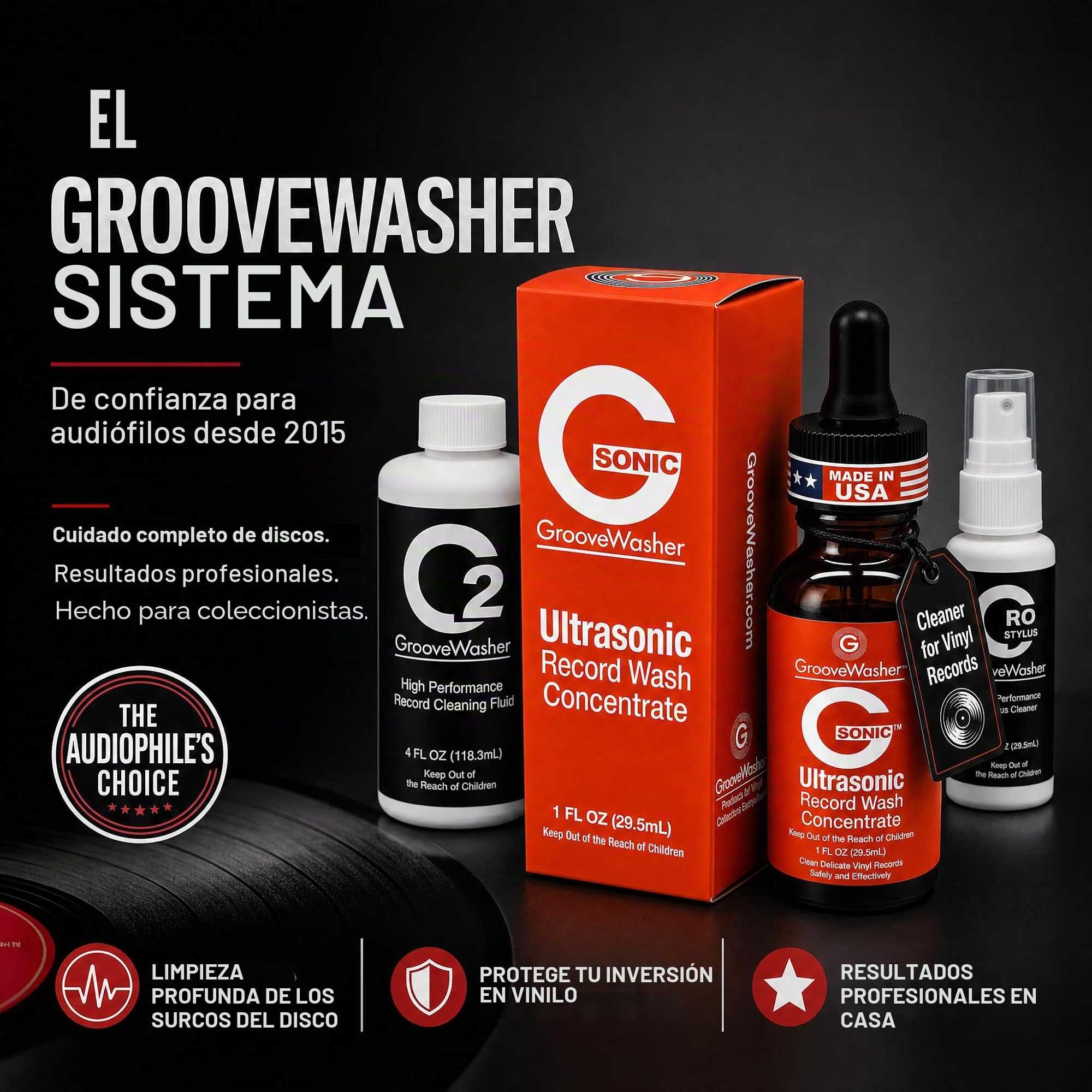 GrooveWasher G-Sonic - Limpiador ultrasónico para Discos de Vinilo, Limpiador Profesional para Discos de Vinilo, Compatible con máquinas de Limpieza de Discos, Limpiador penetrante de Ranura Segura