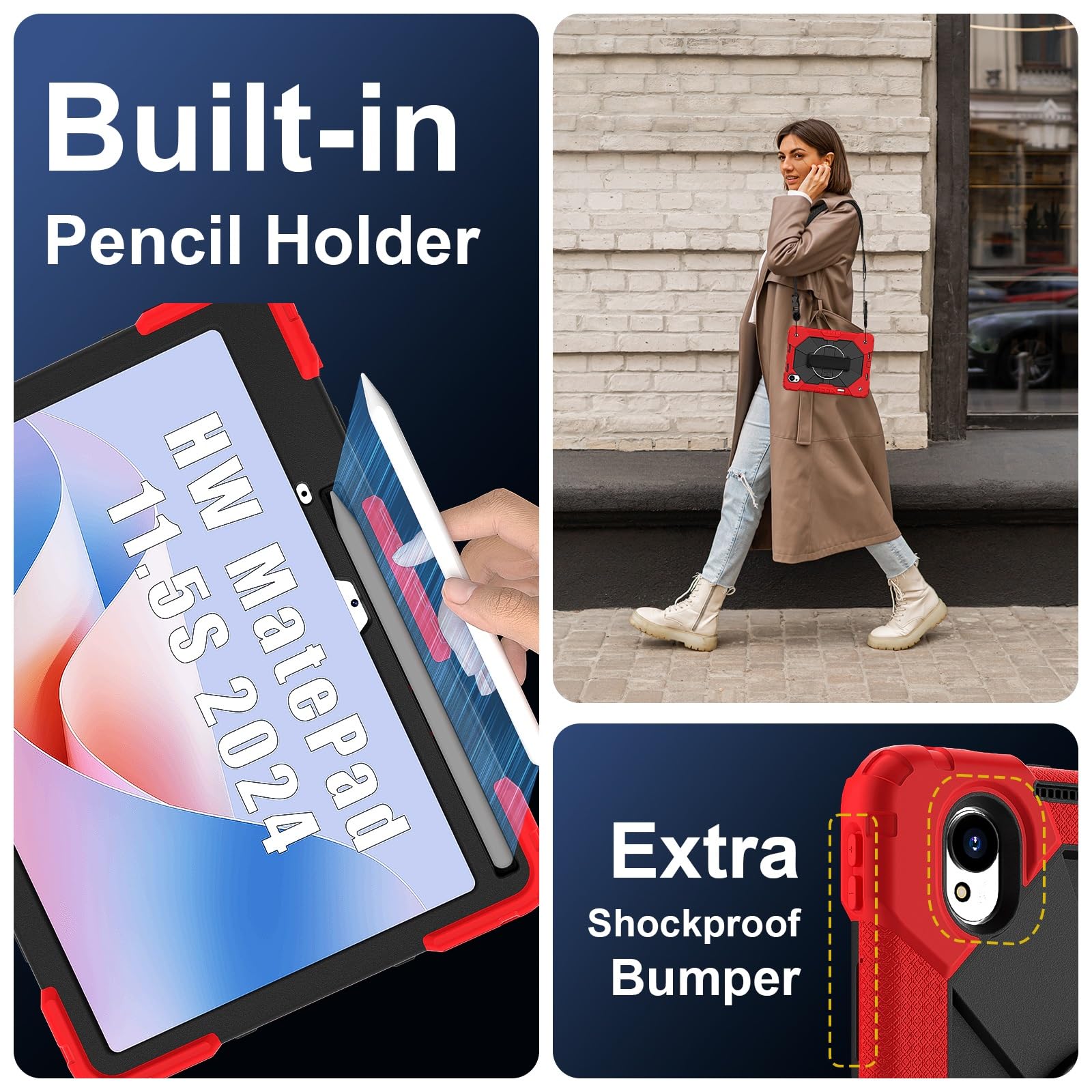 Etui kompatybilne z Huawei MatePad 11.5S .5 cala wydane w 2024 roku etui odporne na wstrząsy tablet, pełne ochronne 360 ​​stopni obrotowy wielofunkcyjny uchwyt uchwytu + pasek ramię(Red+Black)