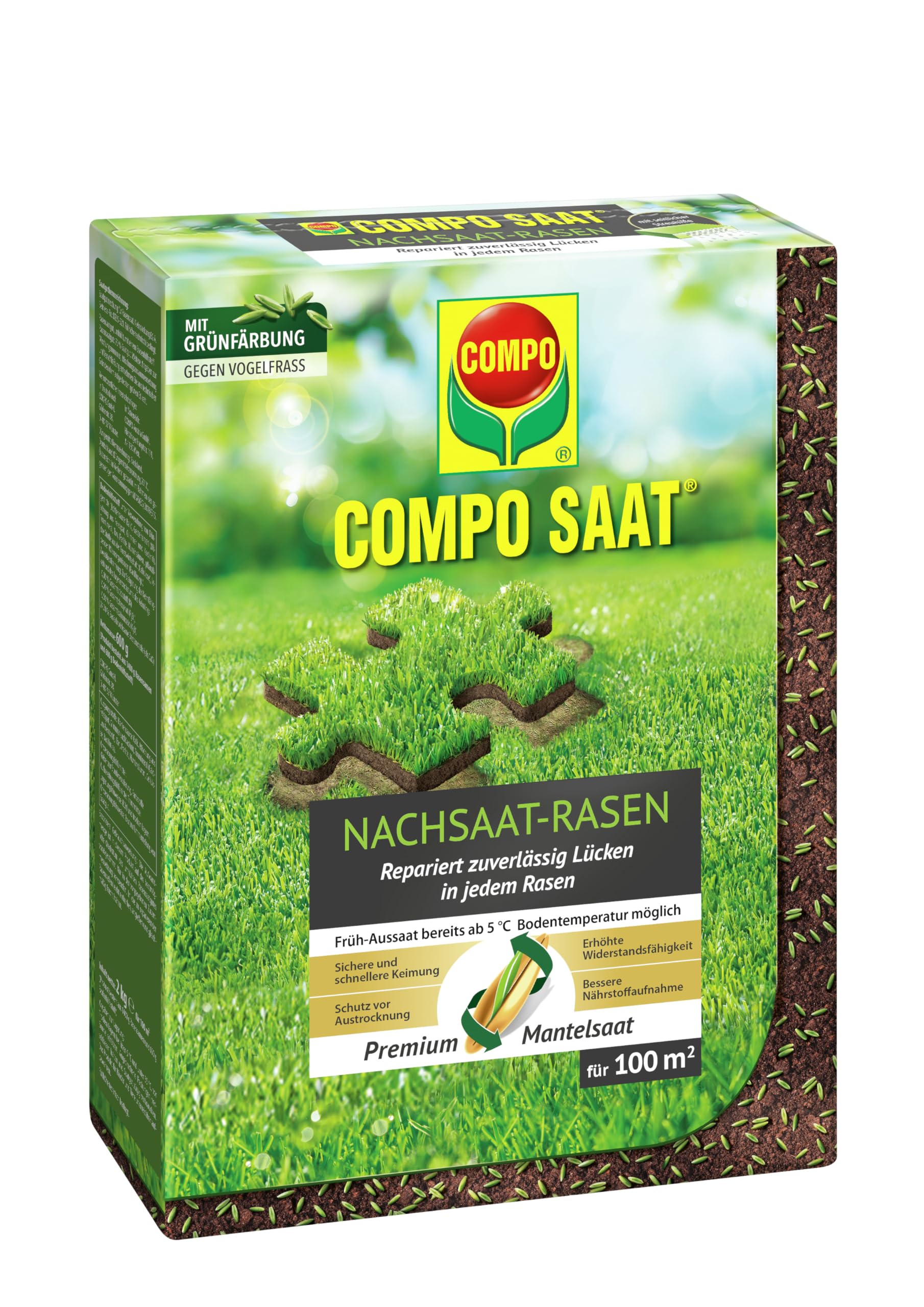COMPO SAAT Nachsaat-Rasen - für Lücken und kahle Stellen - zuverlässiger Nachsaatrasen - hochwertige Saatgutmischung mit Premium-Mantelsaat - 2 kg für 100 m²