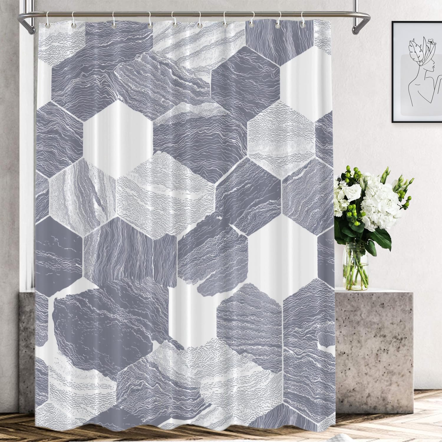 Shrahala Hexagonal Sedimentary Decorative Shower Curtain, Grey White Hexagon Pattern Bathroom Décor Polyester Fiber Waterproof With Plastic Rings for Shower Stall Bathtubs 72 x 60 in