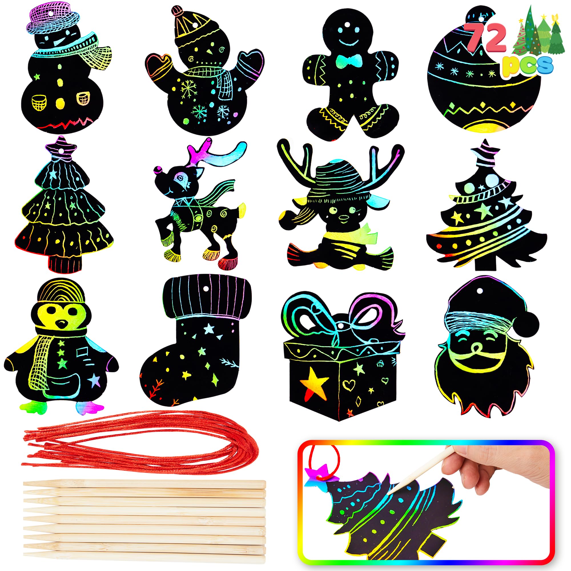 JOYIN 72 Pcs Christmas Scratch Art Ornaments, Rainbow Color Scratch Paper Craft Kit Include Snowman, Christmas Tree, and Reindeer, Scratch Off Hanging Ornament for Kids Party Favor