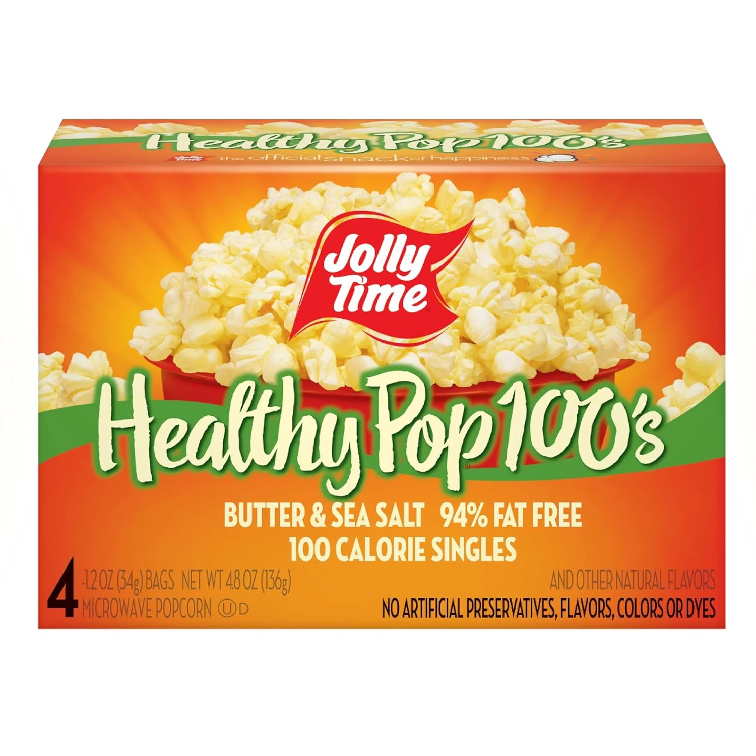 Jolly Time T Healthy Pop Microwave Popcorn, Low Fat Gluten Free Non-GMO (Healthy Pop 100's - Butter & Sea Salt, 1.2 Ounce (Pack of 4))