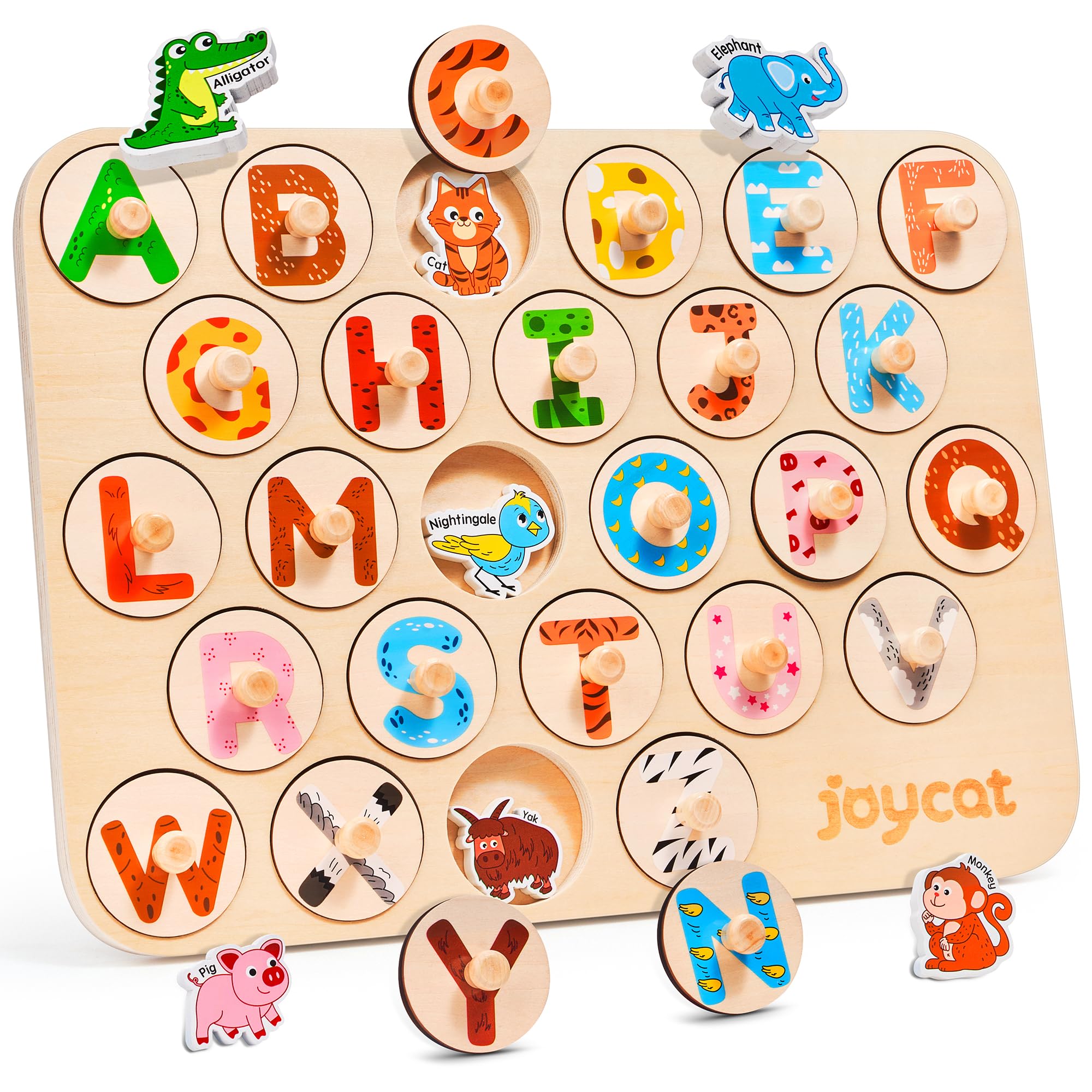 JoyCat Wooden Puzzles for Toddlers 1-3, 52 Pcs Large Size Letter Matching Animal Alphabet Peg Puzzles, Montessori ABC Learning Toy, Gifts for 1 2 3 4 Year Old Boy Girl, Preschool Learning Activities