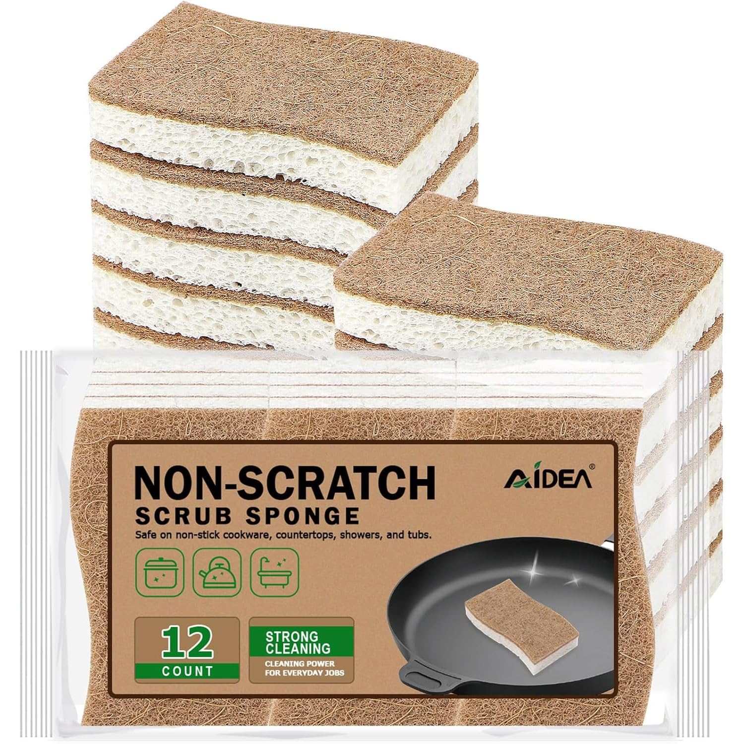 AIDEA Sponges Non Scratch, 12Count, Natural Sponge for Non Stick Cookware, Sponges Kitchen, Cellulose Scrub Sponge for Dishes, Cleaning Power for Kitchen, Bathroom, Household
