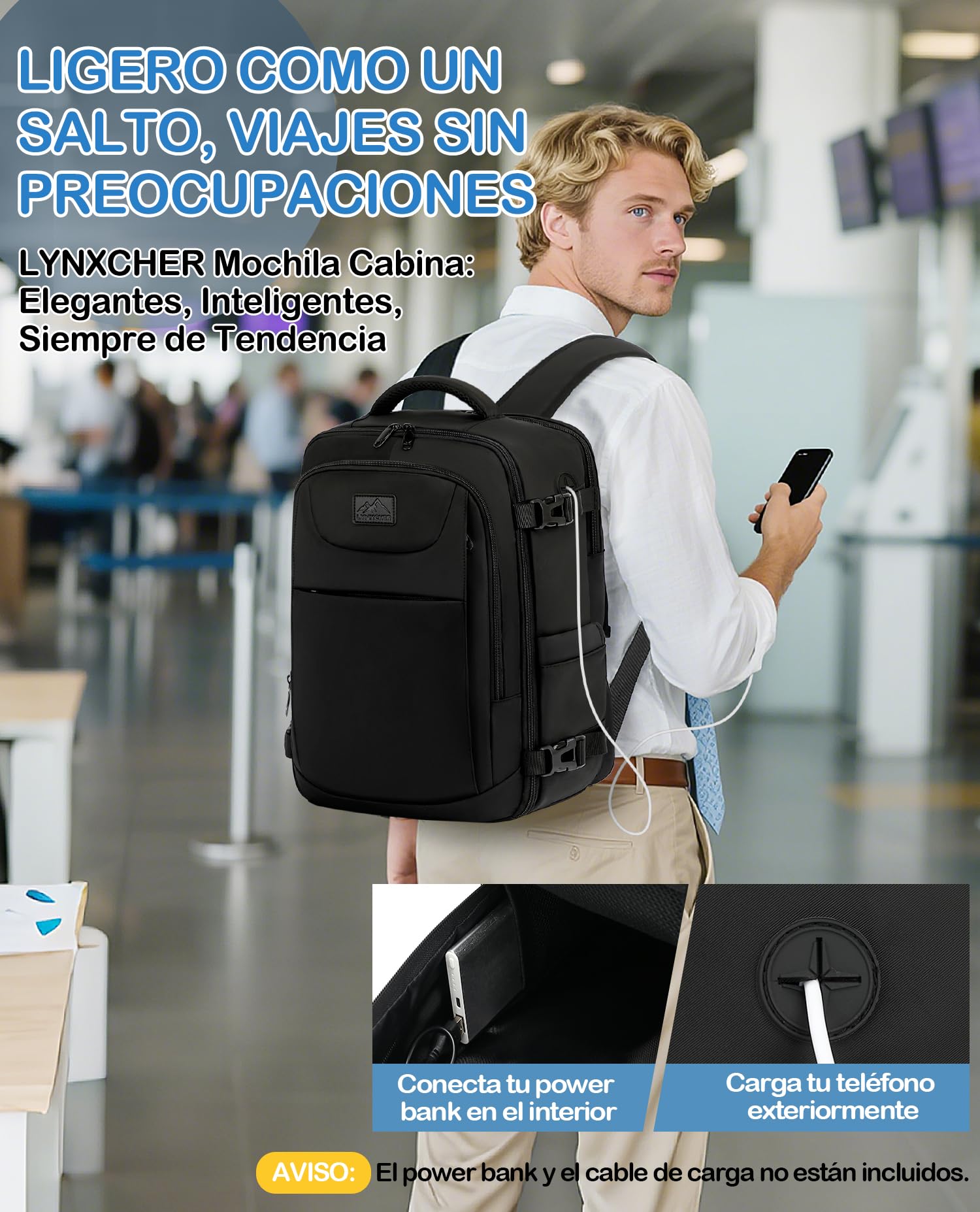 Mochila Viaje Cabina Avion 40x20x25 Ryanair Equipaje Mano 20L Negro
