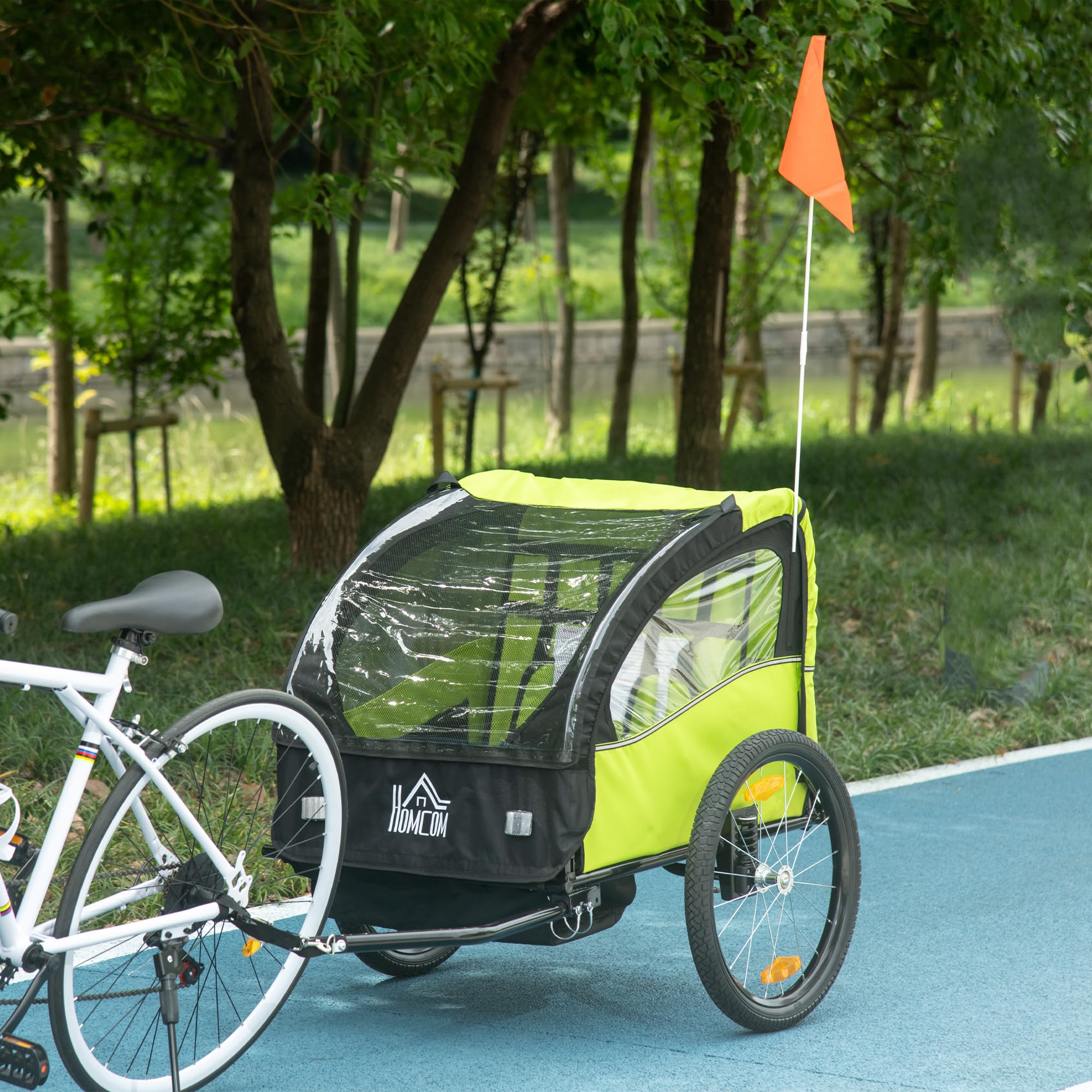 HOMCOM Rimorchio per bicicletta per bambini dai 18 mesi in su, 2 posti, con cintura di sicurezza, vano portaoggetti e sistema ammortizzatore, 140 x 88 x 90 cm, verde
