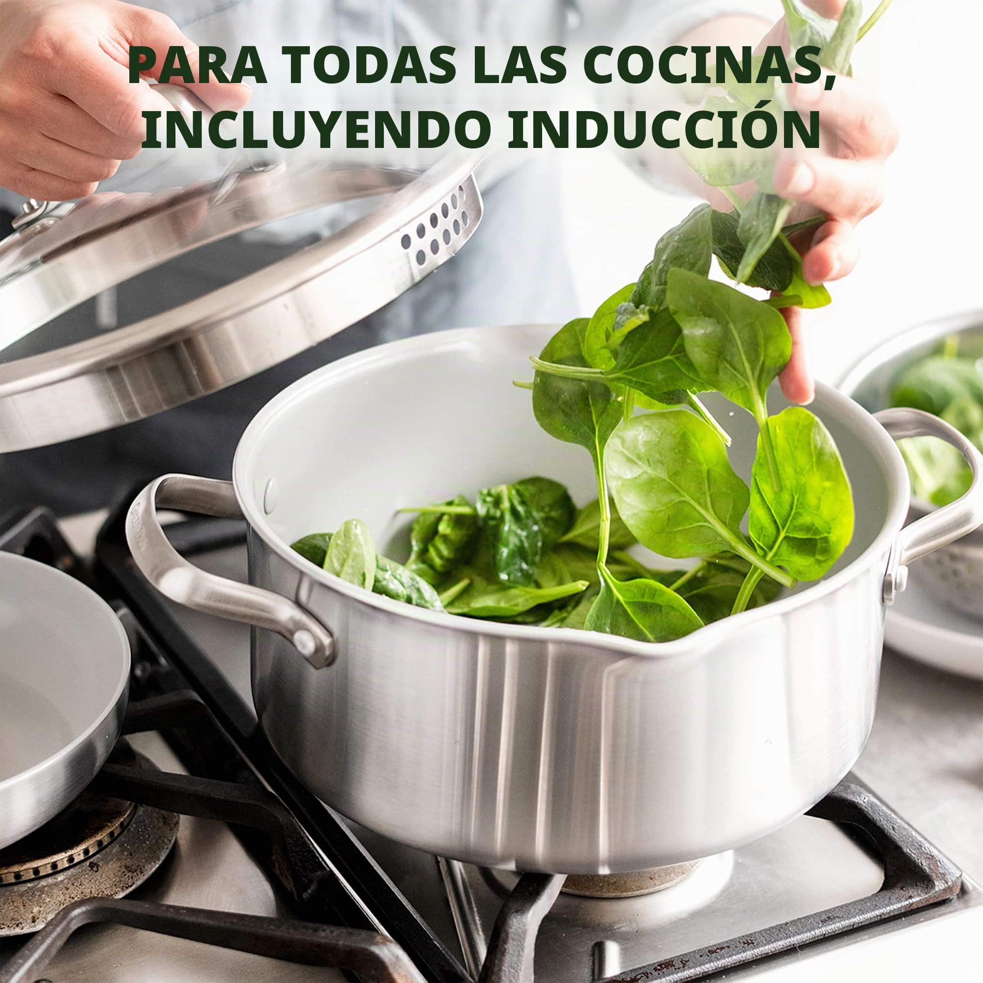 GreenPan Venice Pro Juego de Sartenes y Ollas de 7 Piezas de Acero Inoxidable Sano con Cerámica Antiadherente, Sin PFAS, Multicapa, Inducción, Apto para Lavavajillas, Apto para Horno, Plateado