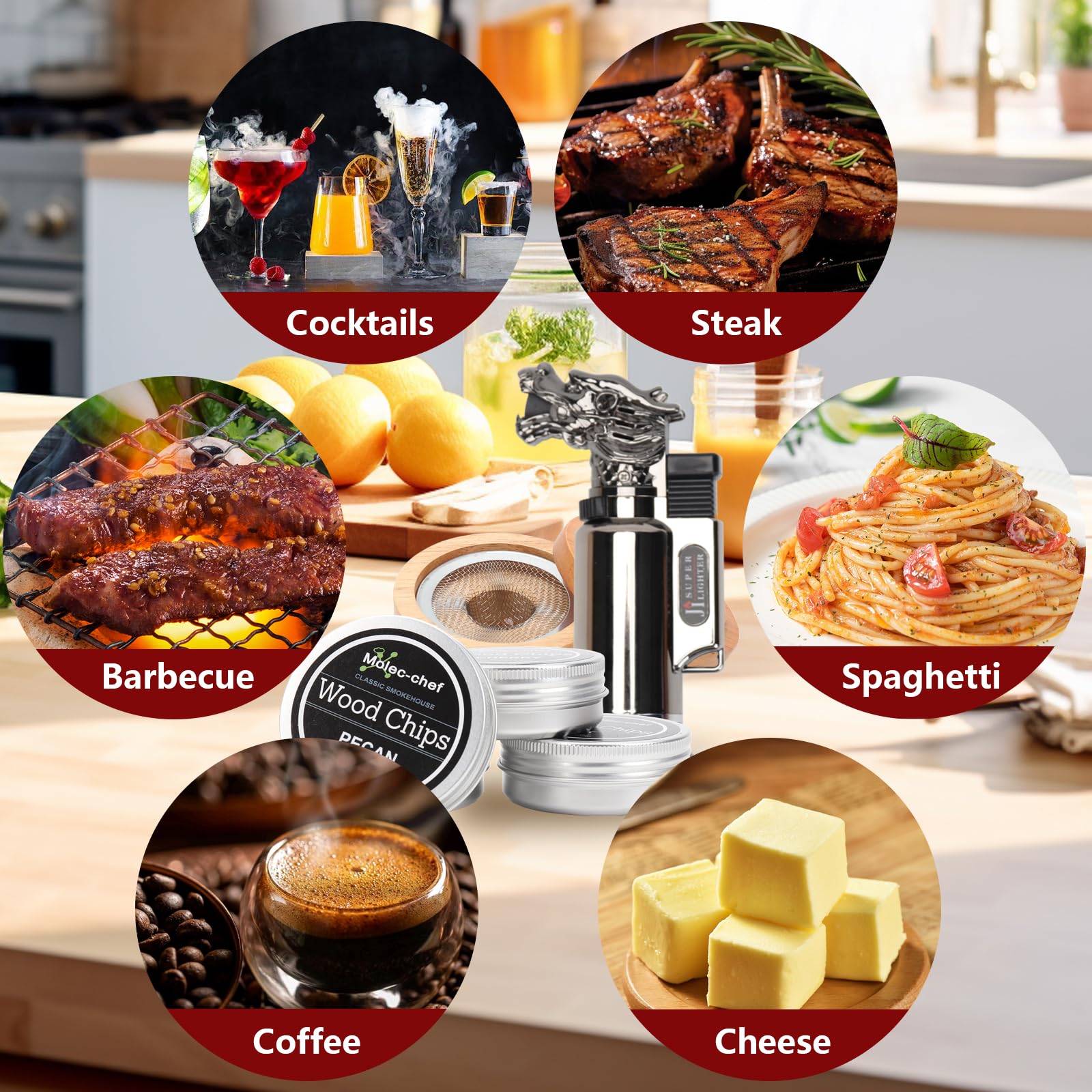 Kit per Affumicatore da Cocktail con Torcia, Mini Affumicatore Cocktail Set con 4 Gusti Tucioli di Legno e 4 Cubetti di Ghiaccio, Kit per Fumatori di Bevande per Whisky, Bevande, Bourbon, Bistecche