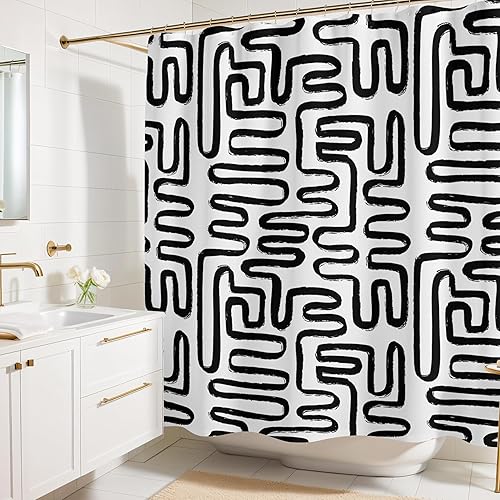 Cortina de ducha abstracta en blanco y negro, cortina de baño bohemia de 72 x 72 pulgadas con diseño minimalista pintado a mano, decoración moderna