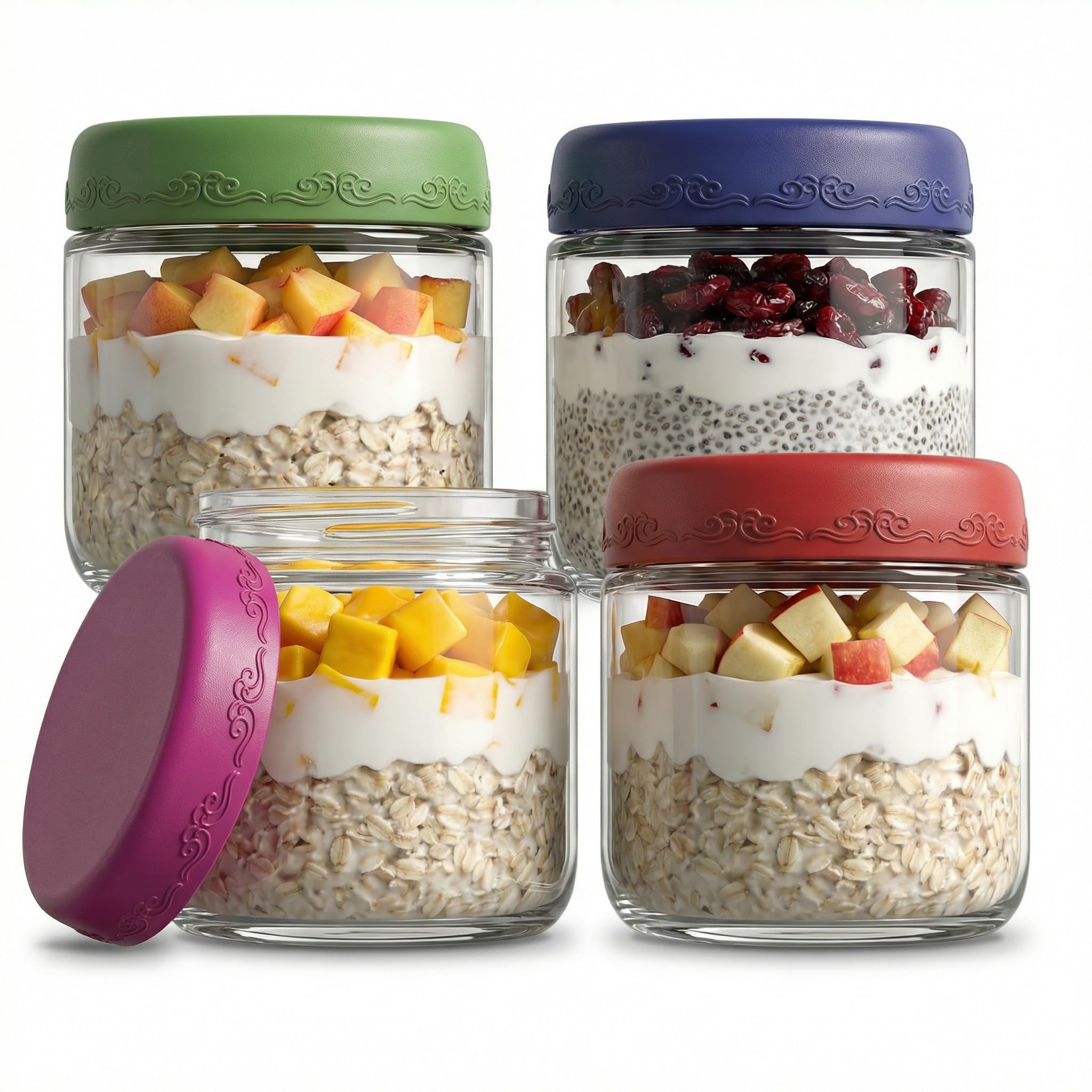 GLATABAM 10 OZ 4Pack, Overnight Oats Jars with Lids, Glass Meal Prep Containers, Airtight Mason Jars for Breakfast, Yogurt Parfait, Salad & Smoothies, Leakproof and Reusable Food Storage Jars(4-1)