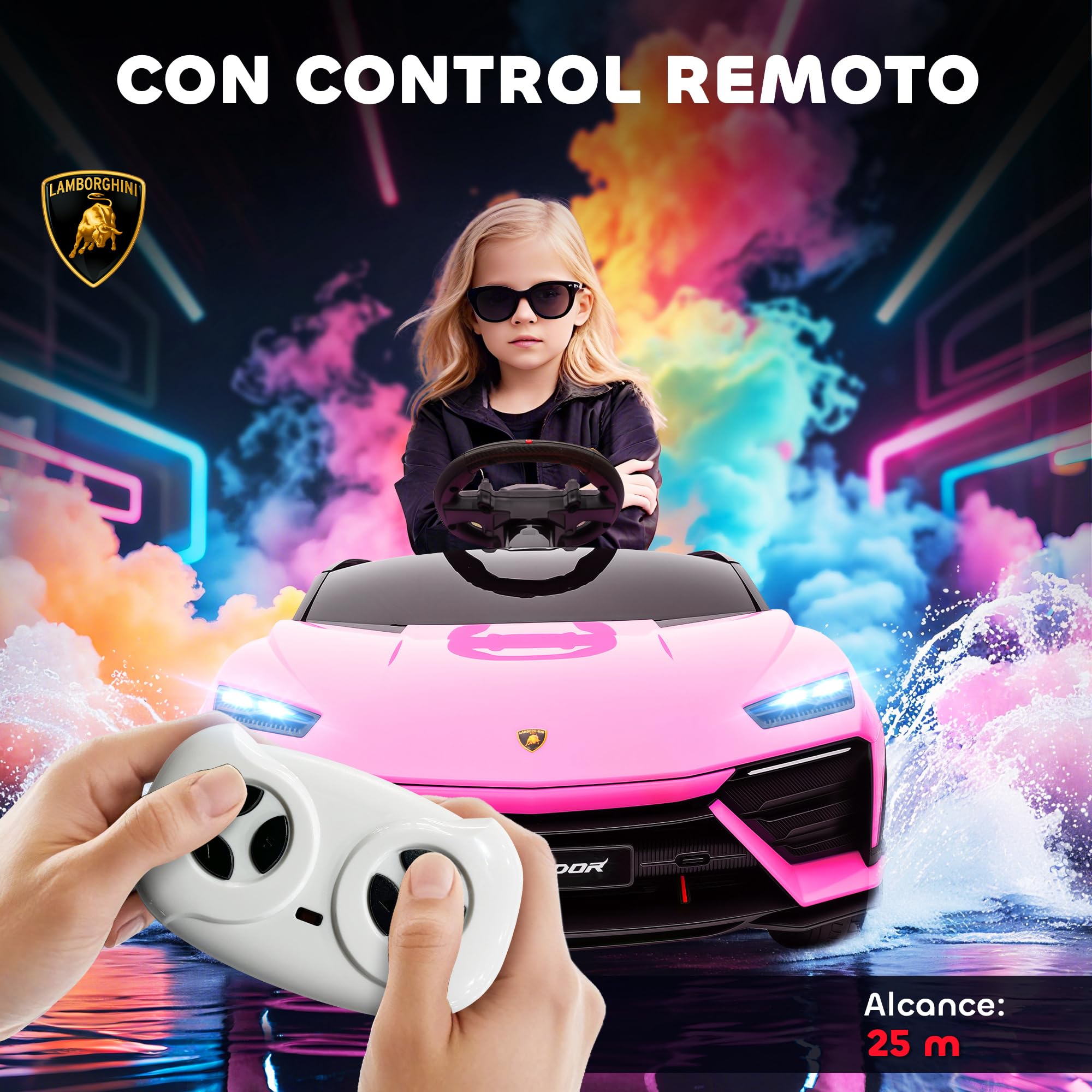 AIYAPLAY Coche Eléctrico para Niños de +3 Años, Lamborghini, Coche de Batería 12V, con Mando a Distancia 2,4 G, Motor Doble, Ruedas con Suspensión, Faros, Música, USB, Rosa