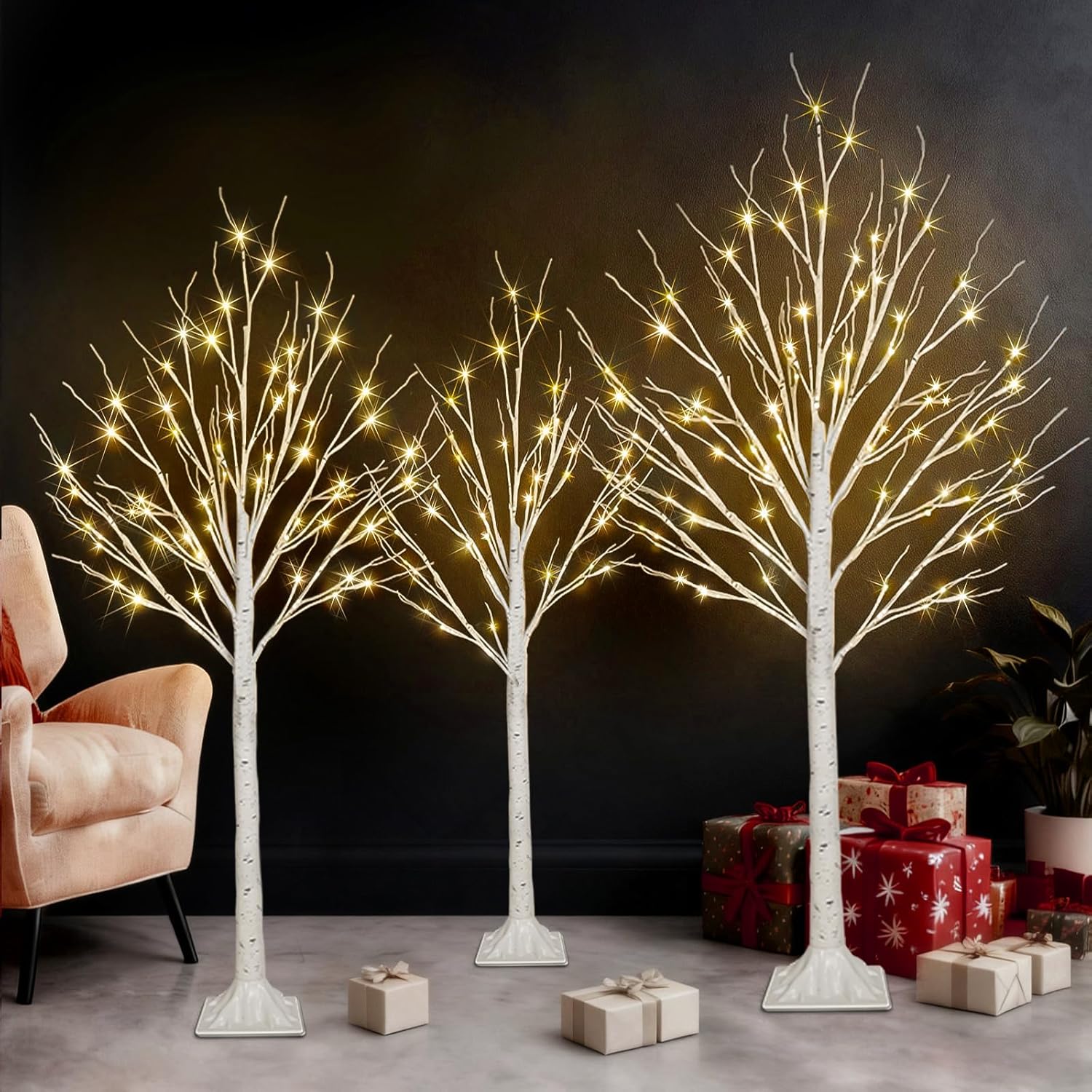 Set of 3 Lighted Birch Tree 4FT 5FT and 6FT, Higher Size, Timer Function Birch Christmas Tree with 144 LED Warm White Lights for Indoor Christmas Decorations Outdoor Yard Garden Home Bedroom Party Warm White 4/5/6FT 3Pack